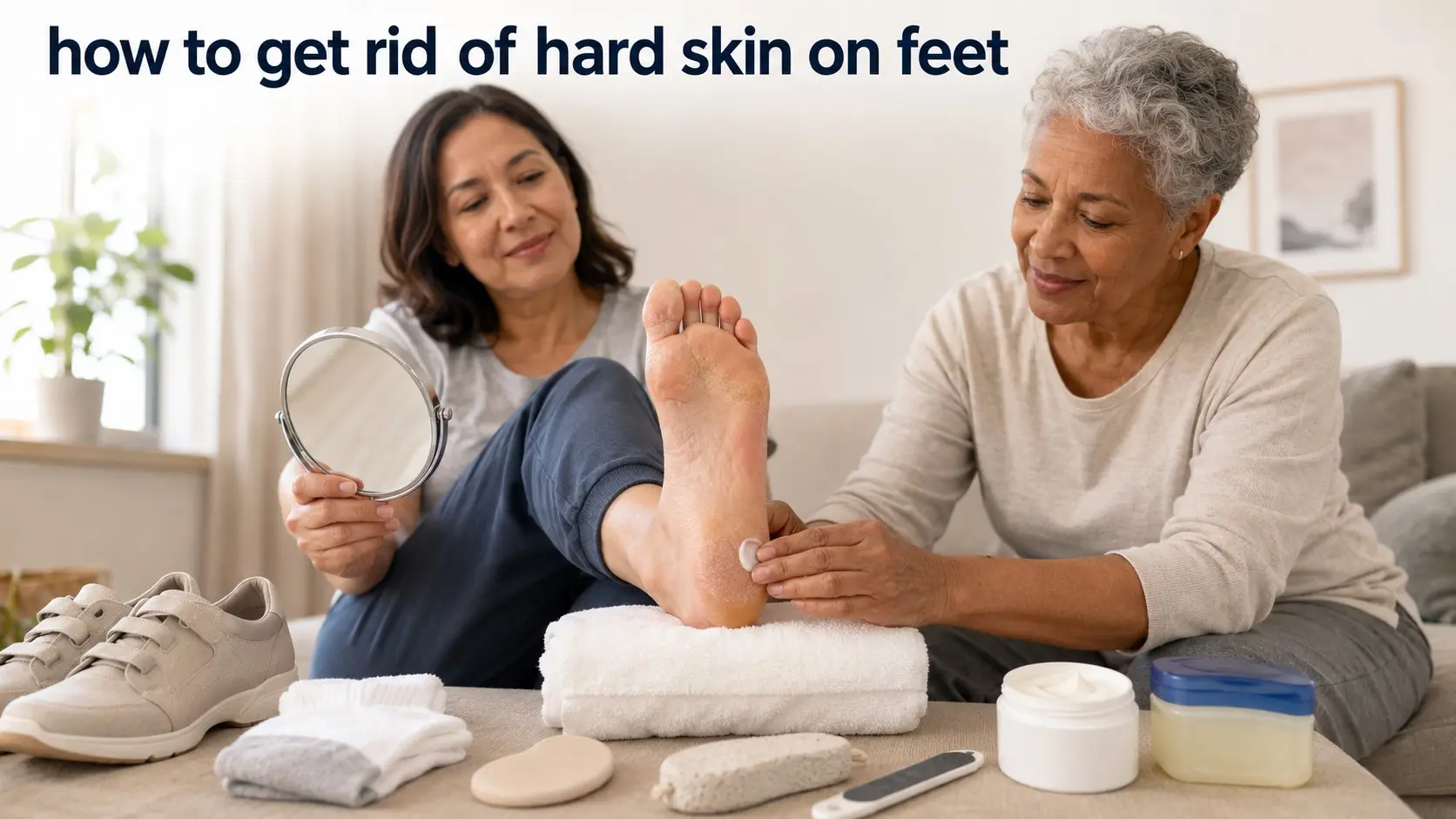 how to get rid of hard skin on feet- Adults checking and moisturising mild hard skin on the feet with safe foot care supplies