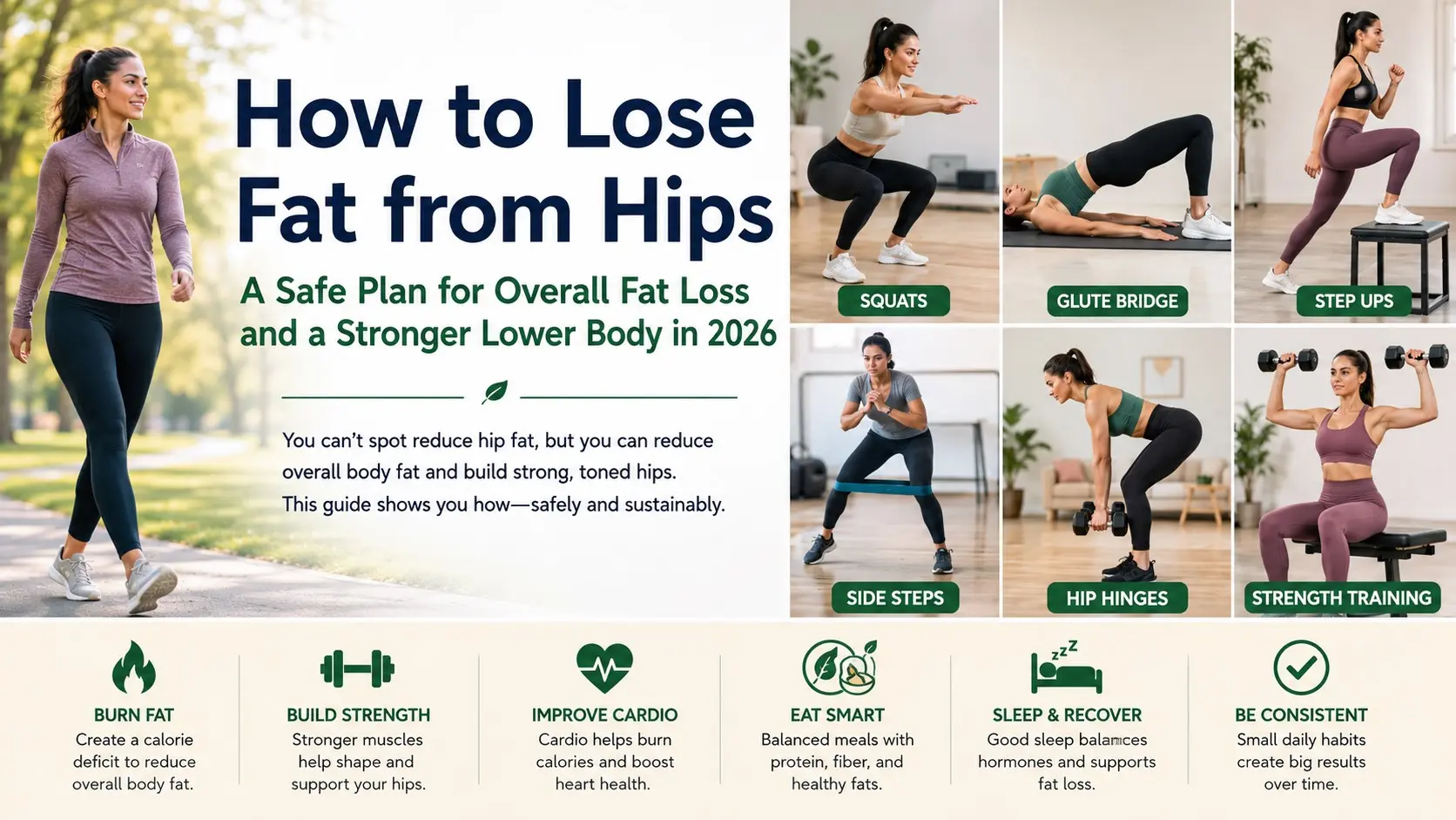 How to Lose Fat from Hips - Adult doing walking, chair squats, glute bridges, step ups, side steps, hip hinges, and light strength training for overall fat loss and stronger hips