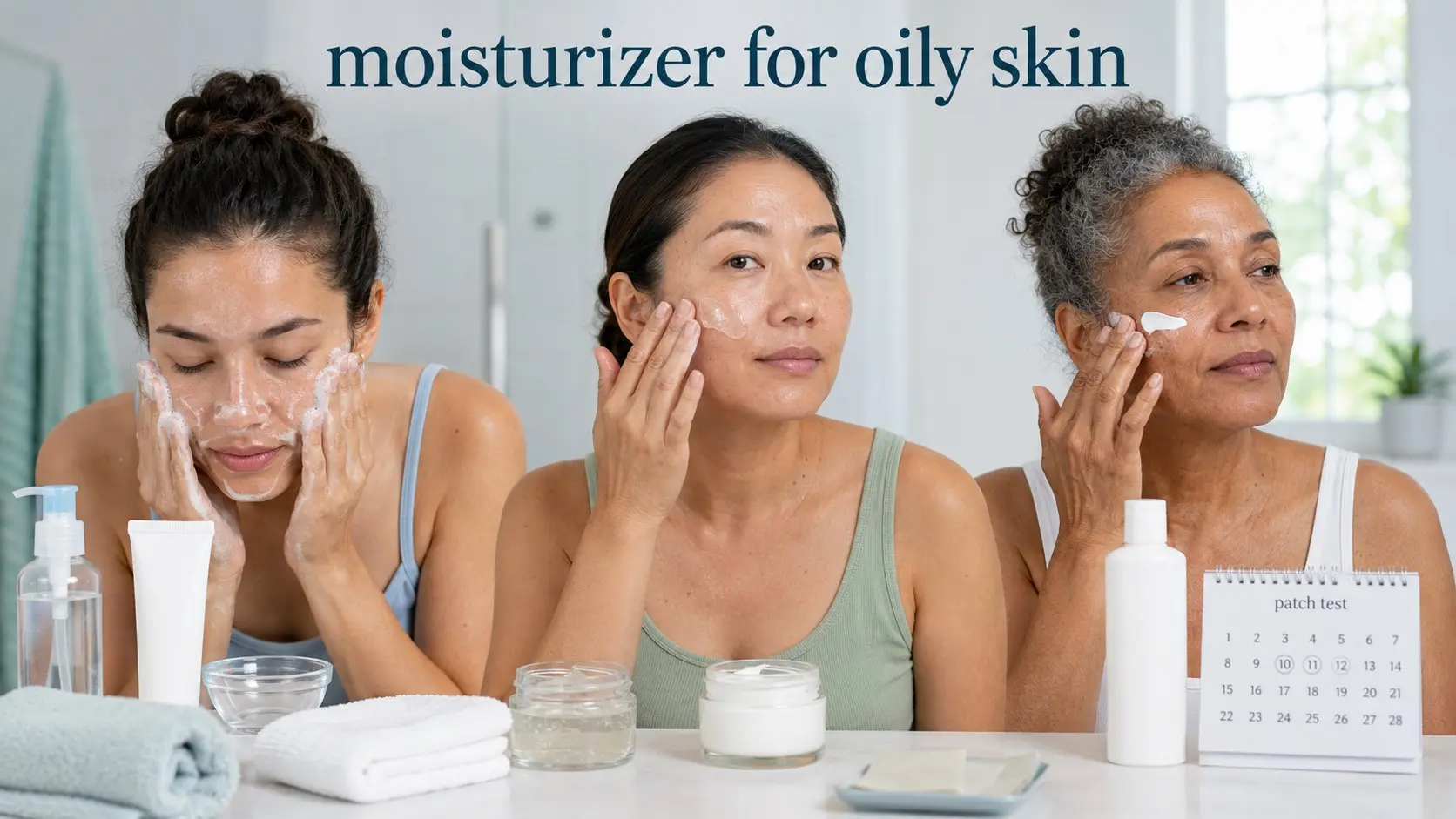 moisturizer for oily skin- Adults using gentle cleanser, lightweight moisturizer, and sunscreen in an oily skin care routine
