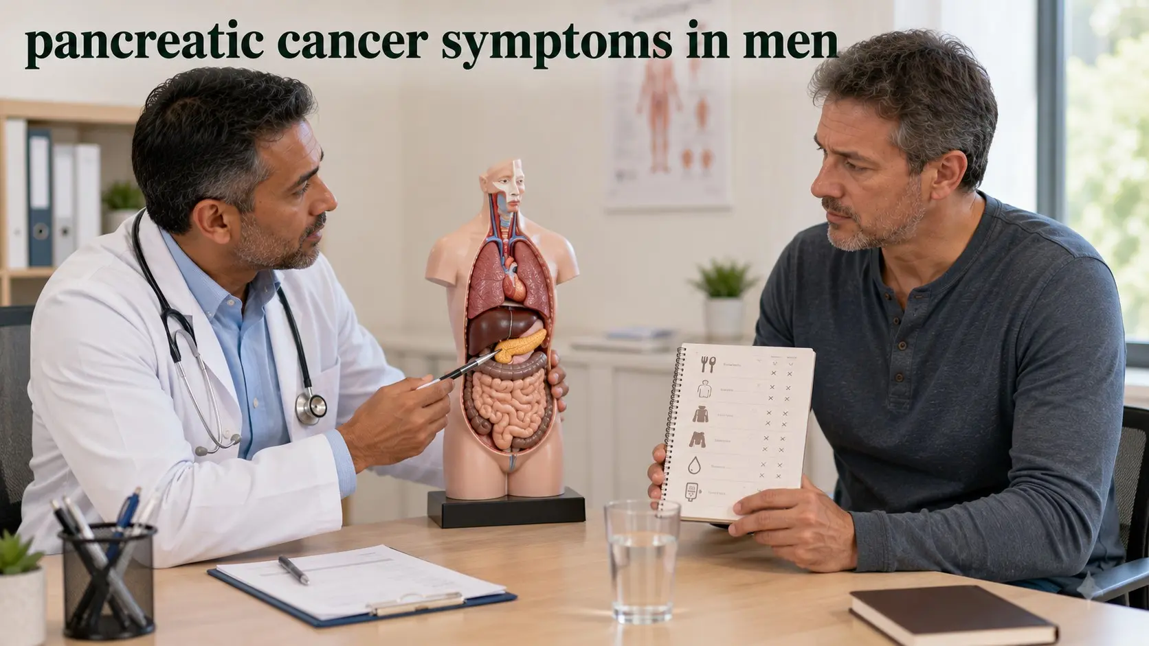 pancreatic cancer symptoms males - Middle-aged man discusses persistent abdominal symptoms and pancreatic testing with a doctor using an anatomical pancreas model.