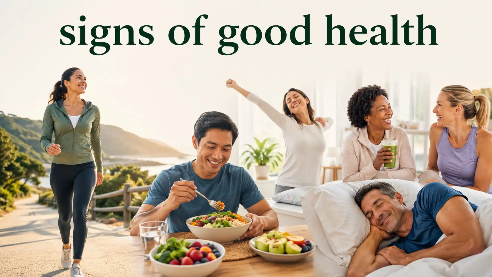 Healthy adults showing signs of good health through movement, nutritious food, restful sleep, positive mood, social connection, and preventive care