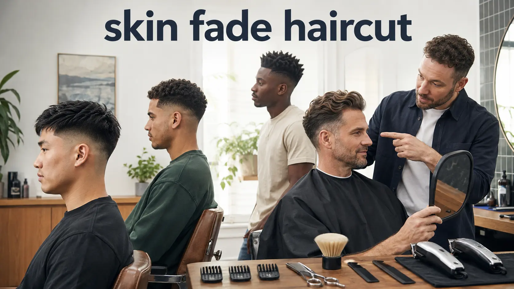 skin fade haircut- Adults with low, mid, high, and curly skin fade haircuts in a clean modern barbershop