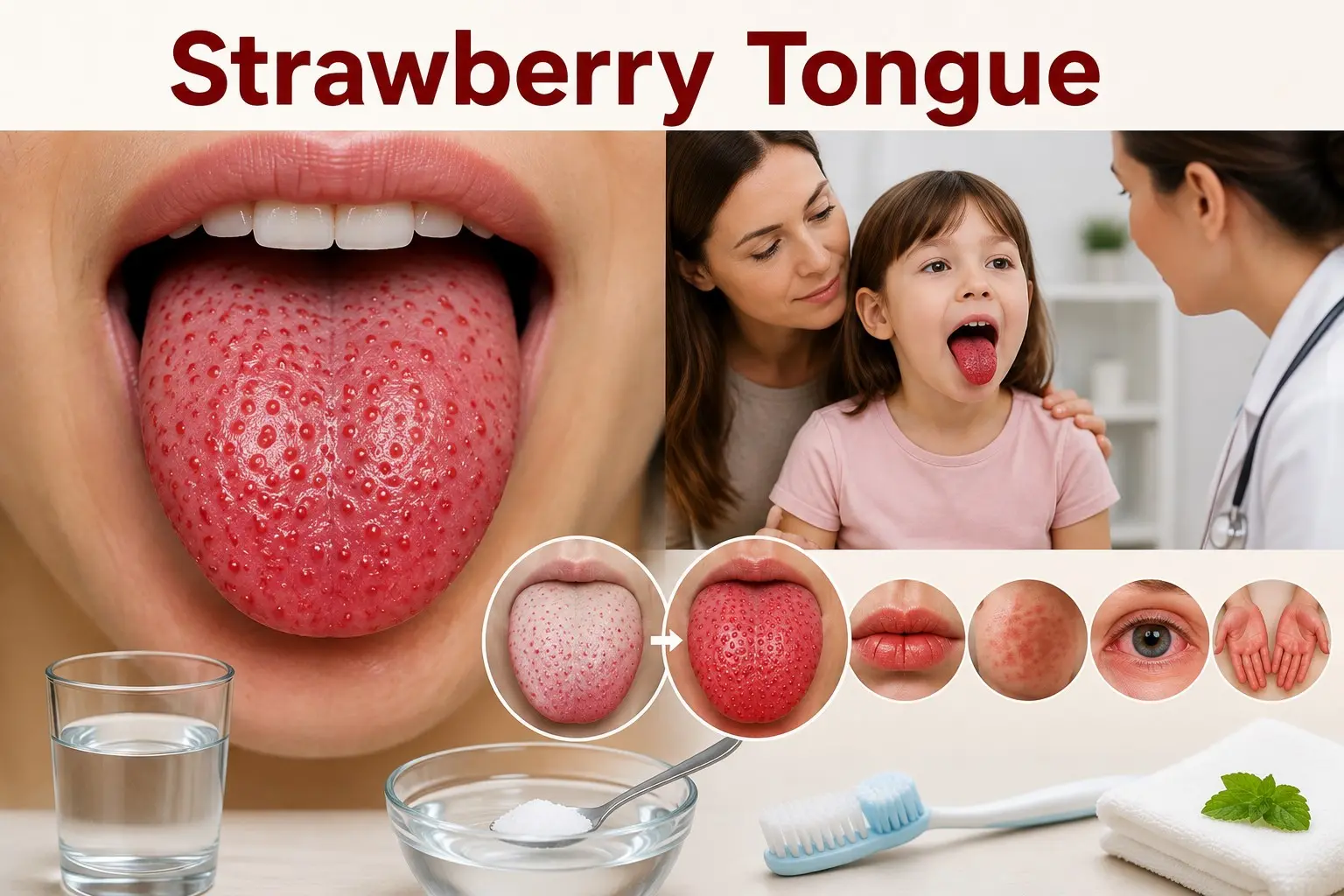 Strawberry tongue guide showing a red bumpy tongue, enlarged papillae, white and red stages, scarlet fever signs and child warning symptoms