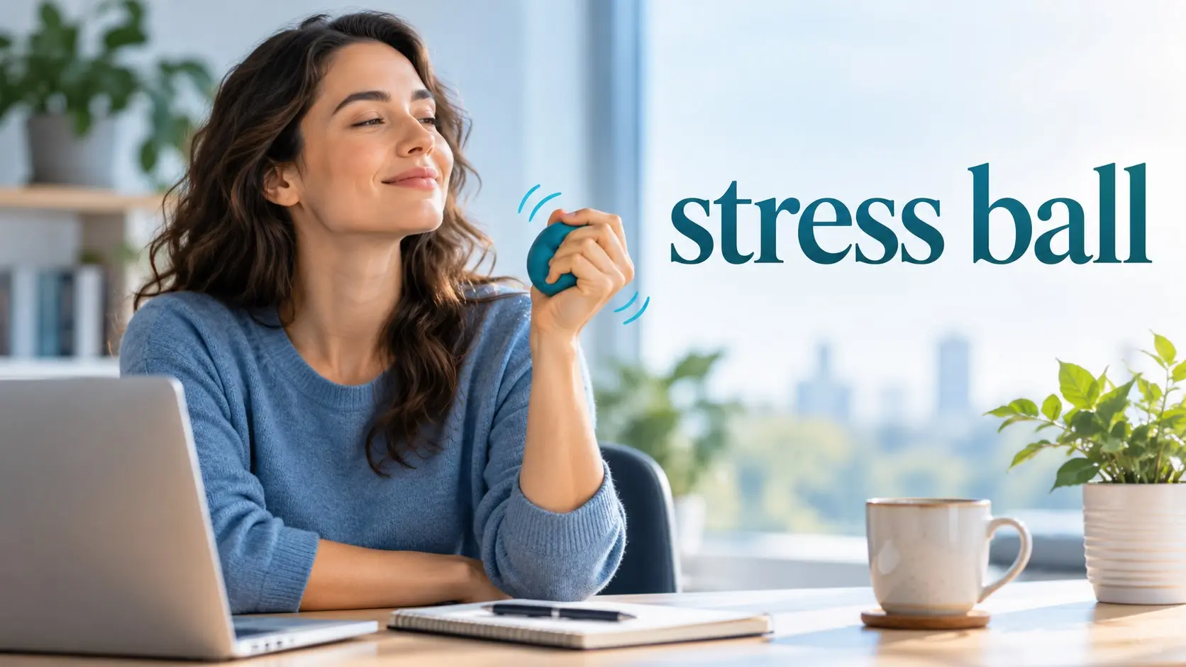 Stress ball being squeezed gently as part of an everyday stress relief routine