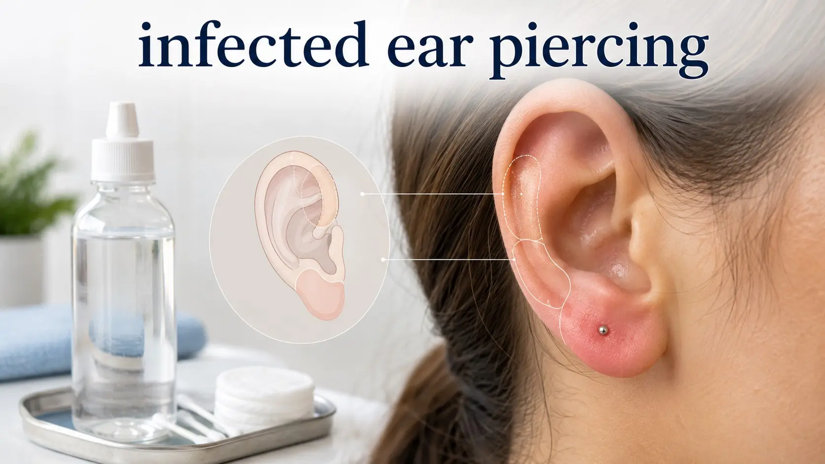 Infected ear piercing guide showing redness, swelling, cartilage location, sterile saline cleaning, and signs that need medical care