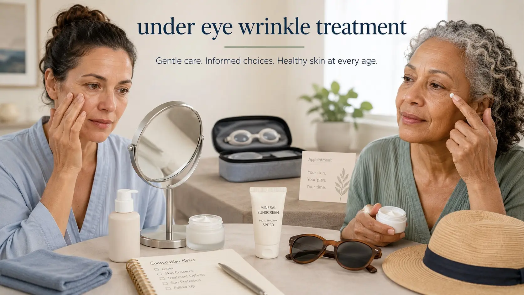 under eye wrinkle treatment - Adults using gentle moisturizer and sun protection while checking natural under eye fine lines
