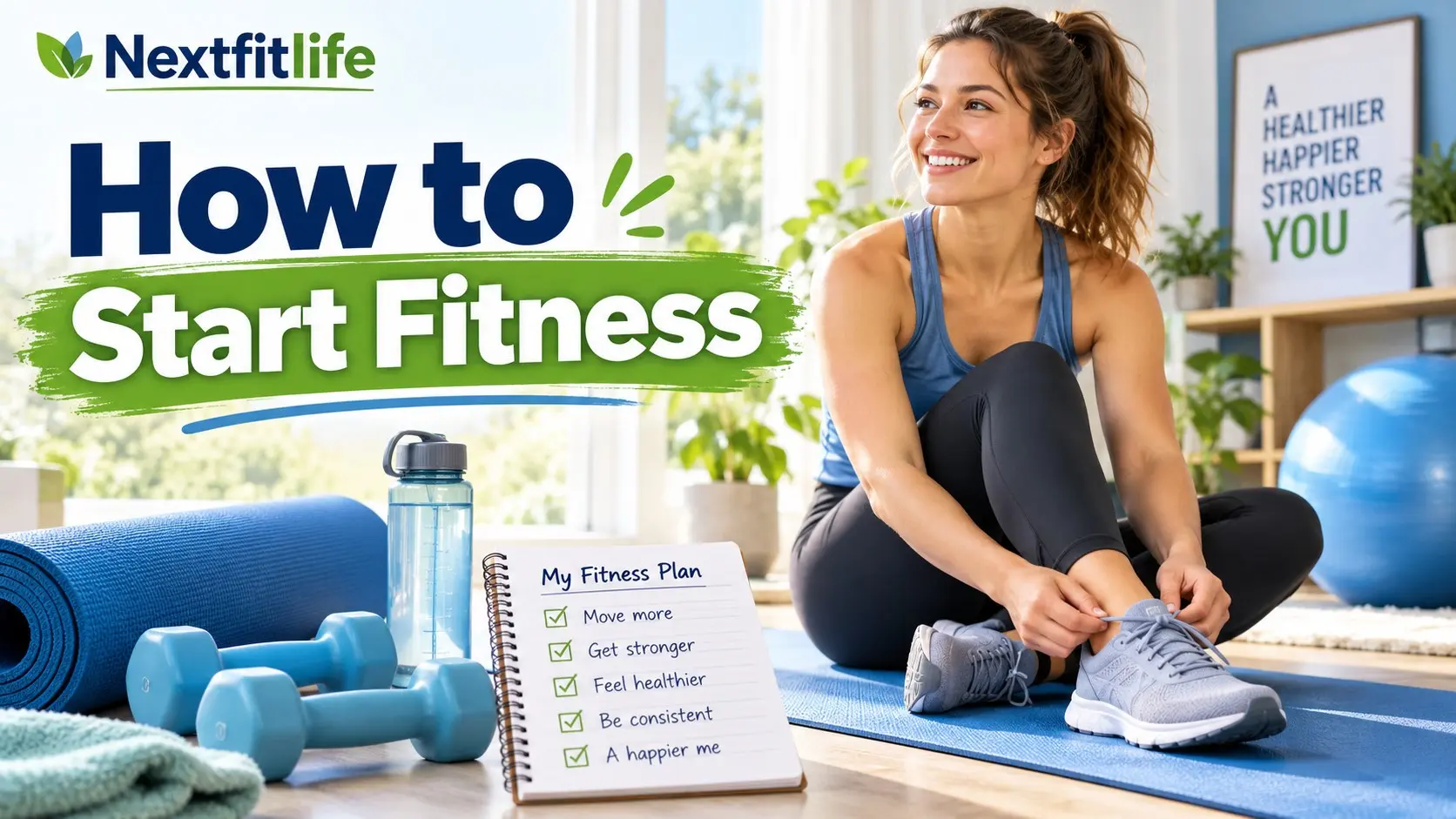 How to Start Fitness beginner guide with walking shoes, dumbbells, water, strength training, and a simple workout plan