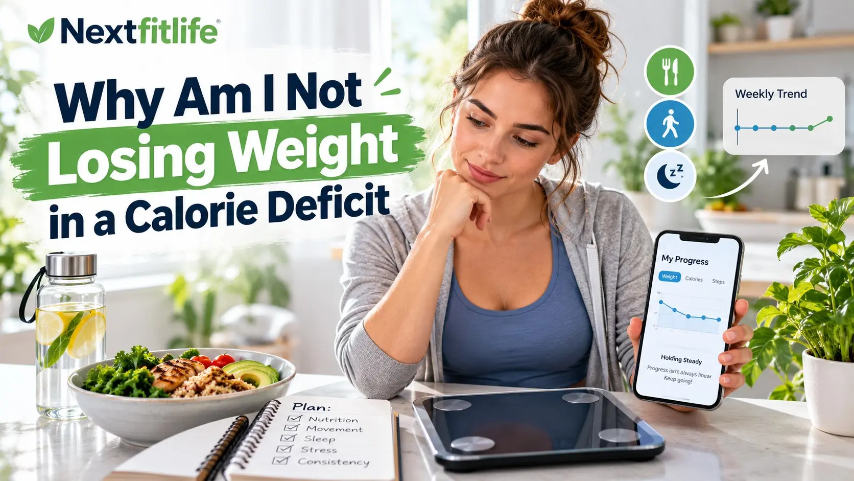 Why Am I Not Losing Weight in a Calorie Deficit guide with food tracking, scale changes, sleep, walking, and strength training