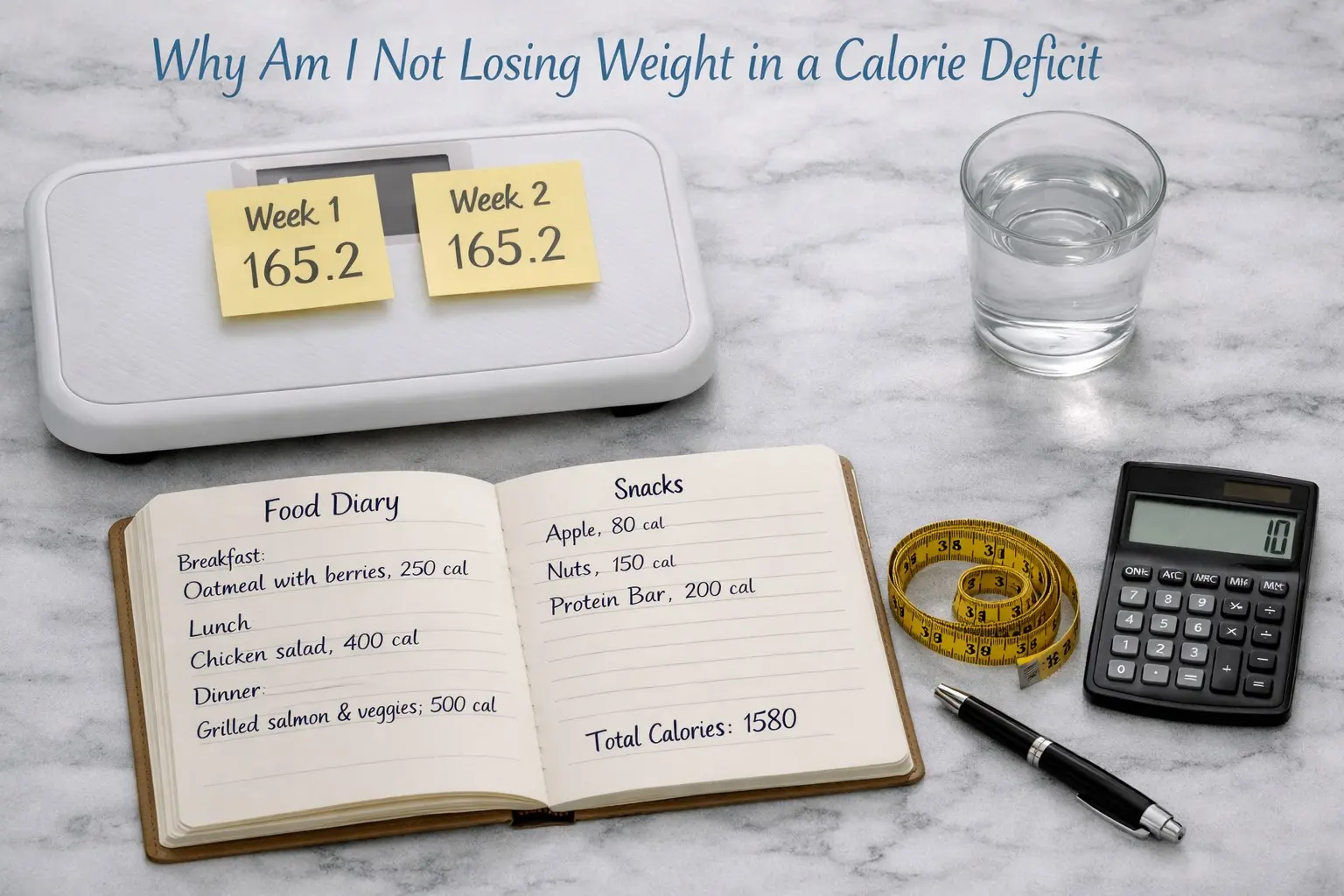 Scale showing no change food diary calculator and measuring tape representing why weight loss stalls in a calorie deficit