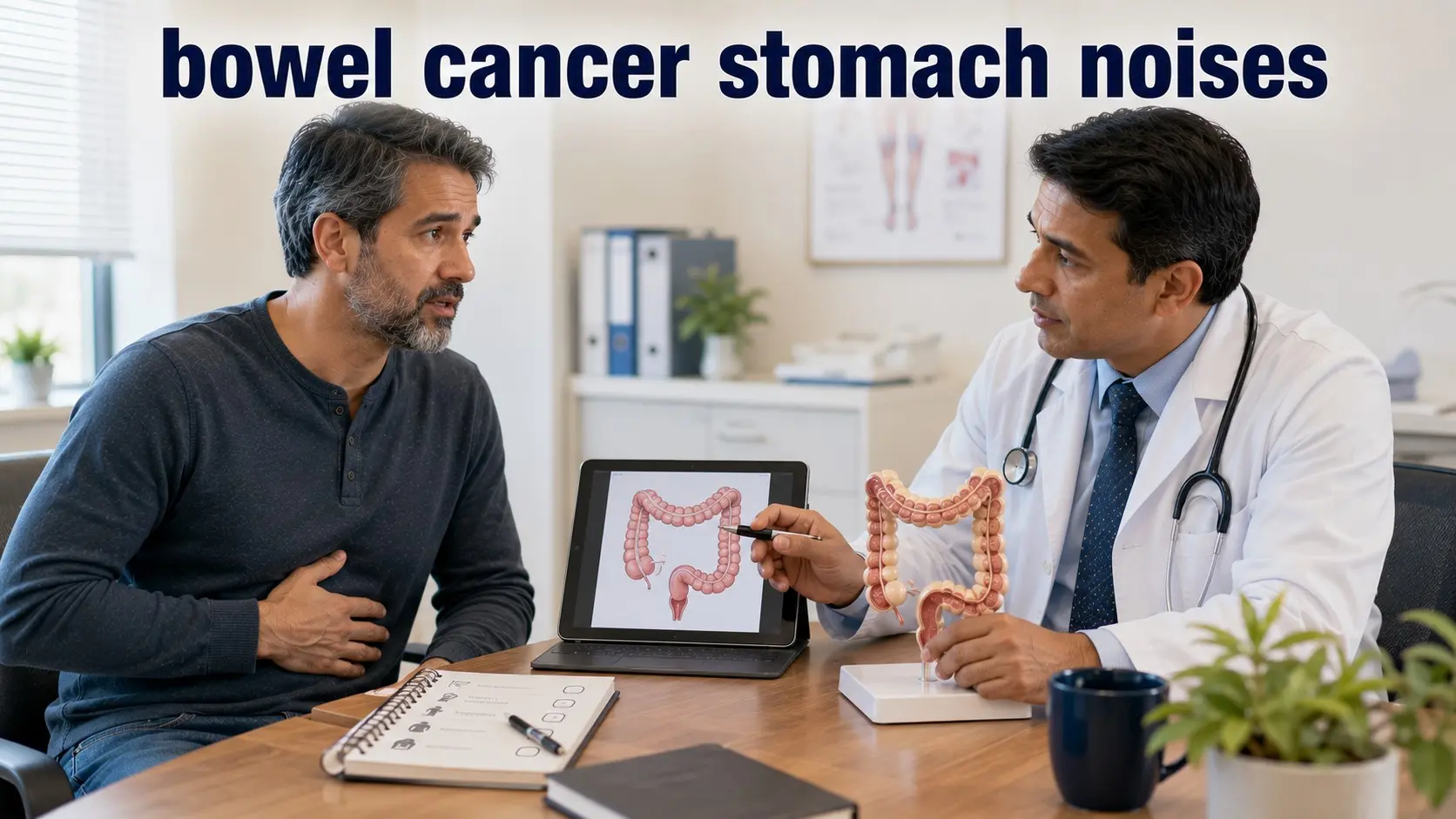 bowel cancer stomach noises- Patient discusses stomach noises and possible bowel cancer symptoms with a doctor in a clinic.