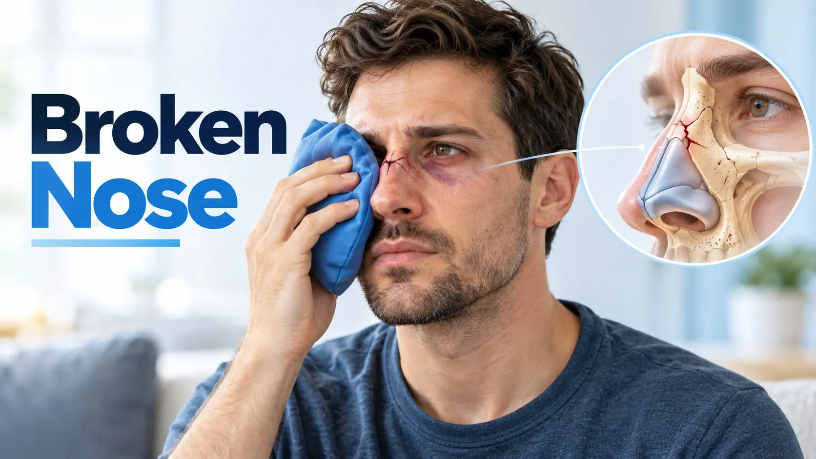 Broken nose with swelling and bruising shown beside a nasal fracture and septum illustration