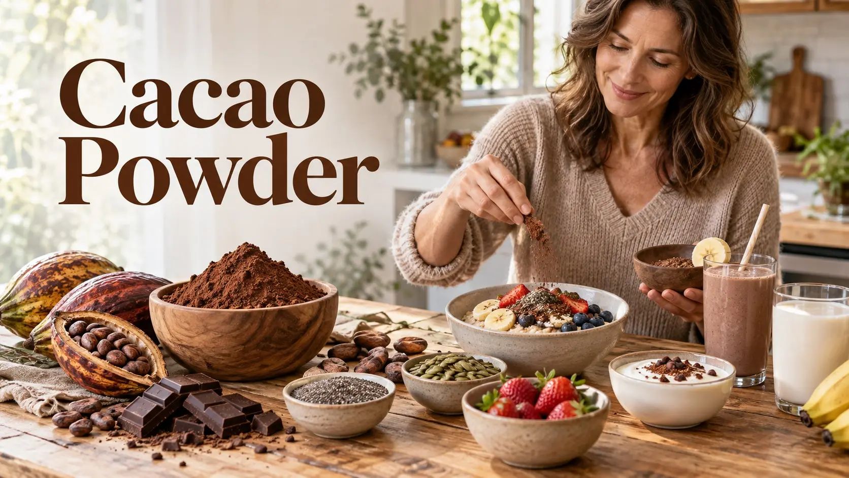 Cacao Powder with cacao beans oatmeal berries yogurt smoothie almonds chia seeds and healthy breakfast ingredients