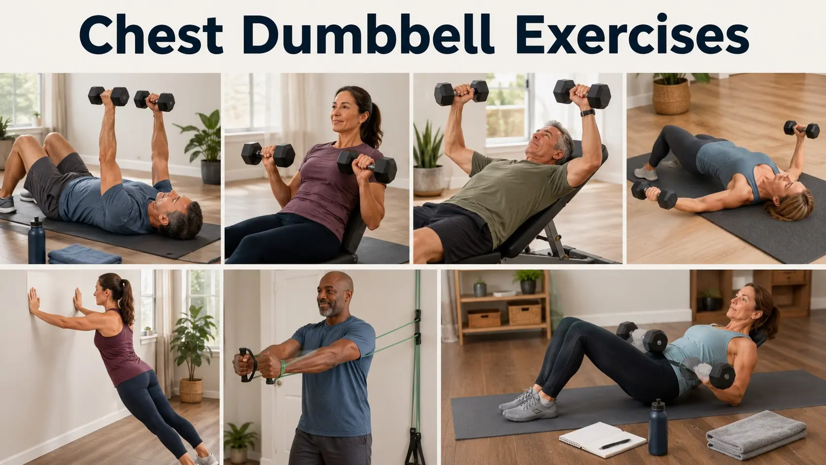 Chest Dumbbell Exercises 101 guide with adults doing safe dumbbell floor presses, incline presses, wall push ups, band chest press, and light fly setup