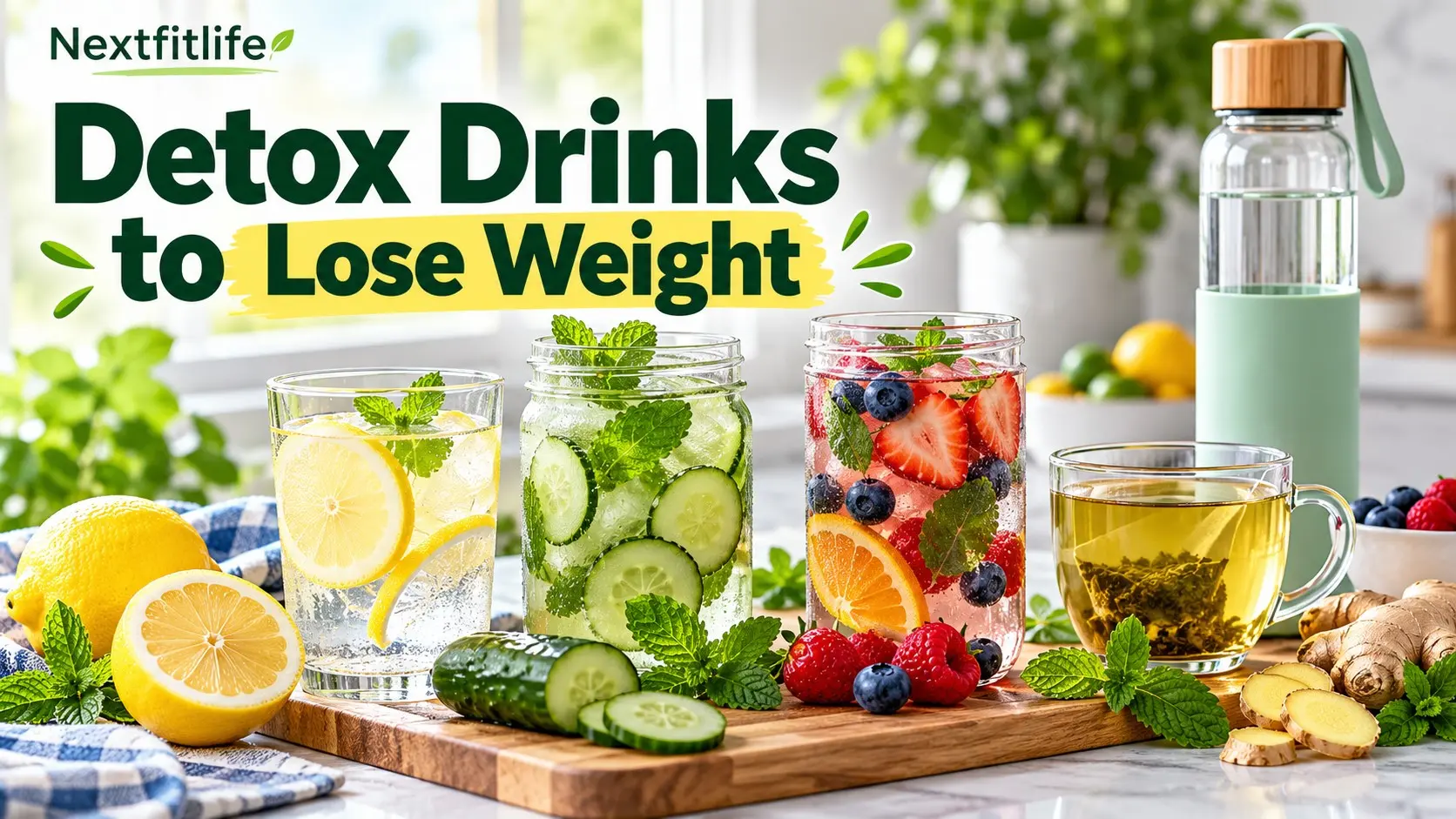 Detox Drinks to Lose Weight with lemon water, cucumber mint water, berries, and unsweetened tea