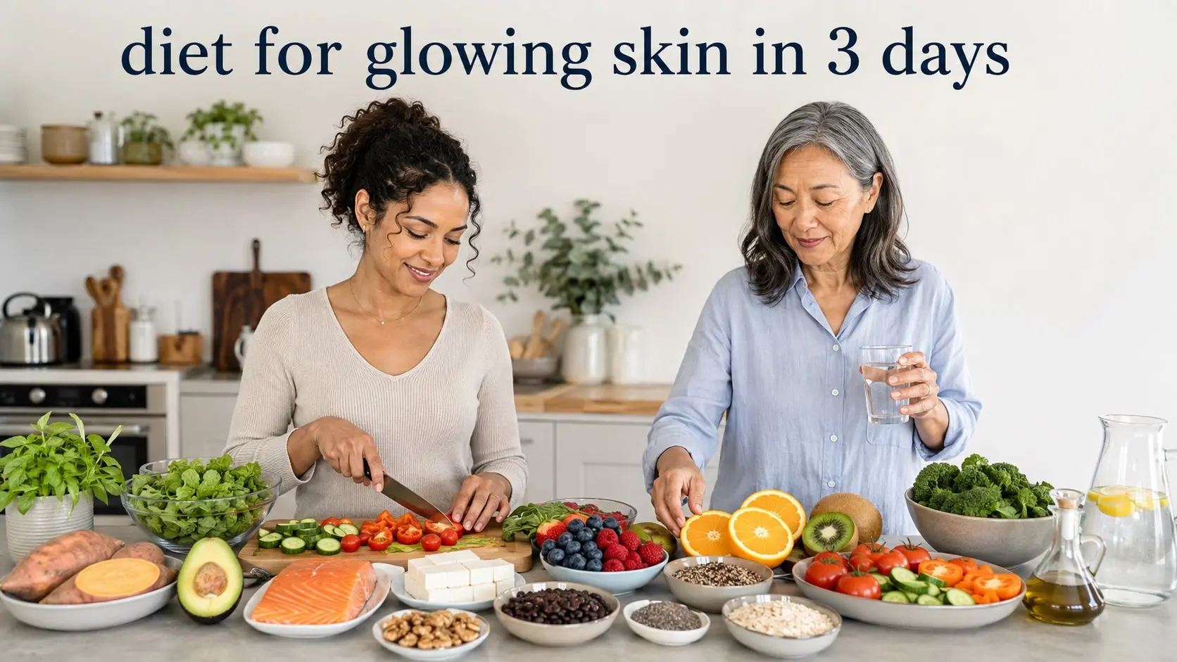 diet for glowing skin in 3 days- Adults preparing colorful whole food meals and water for a realistic three day glowing skin diet