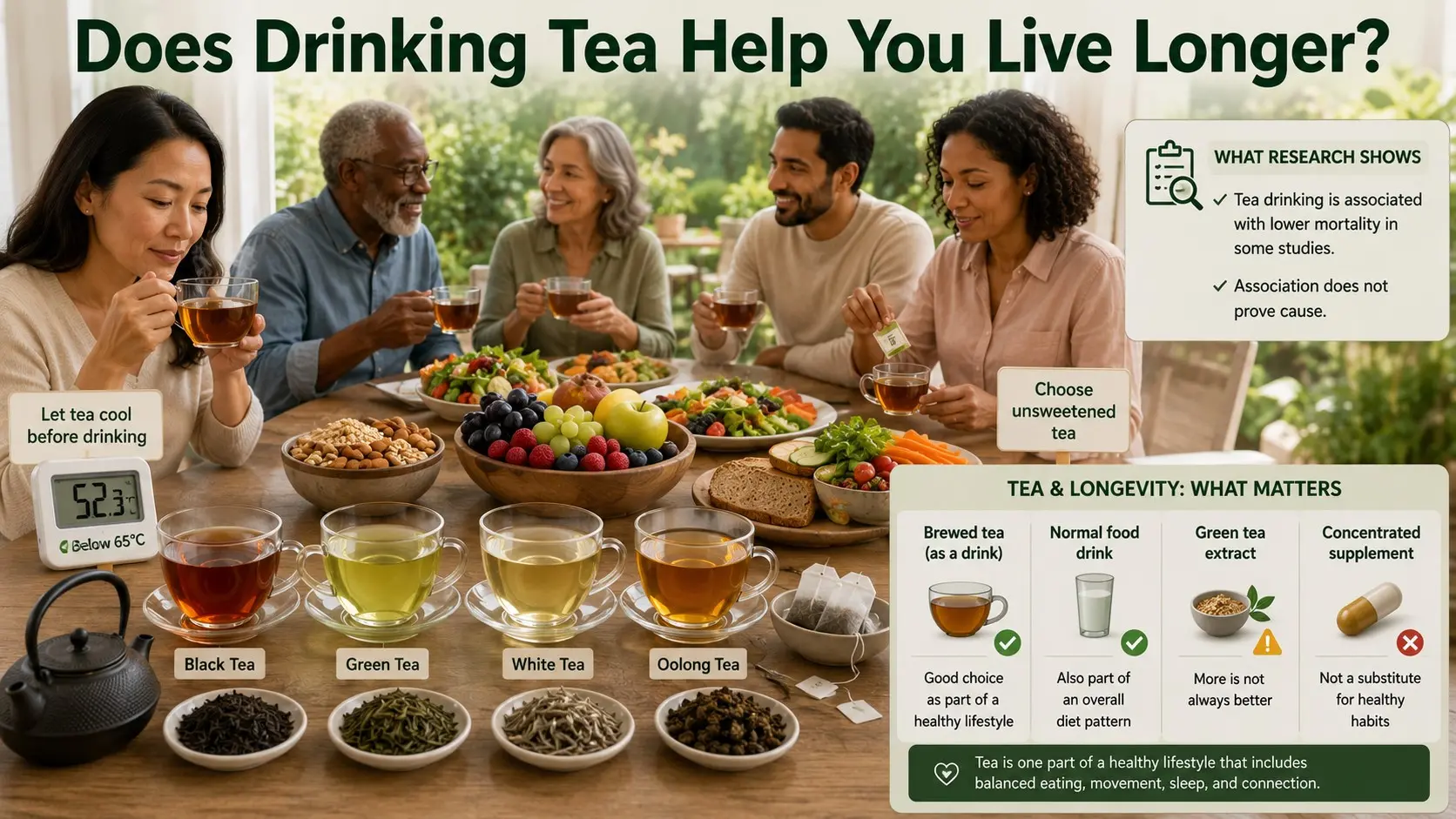 does drinking tea help you live longer - Adults enjoying warm black and green tea as part of a healthy lifestyle, with a reminder that tea longevity research shows association, not proof.