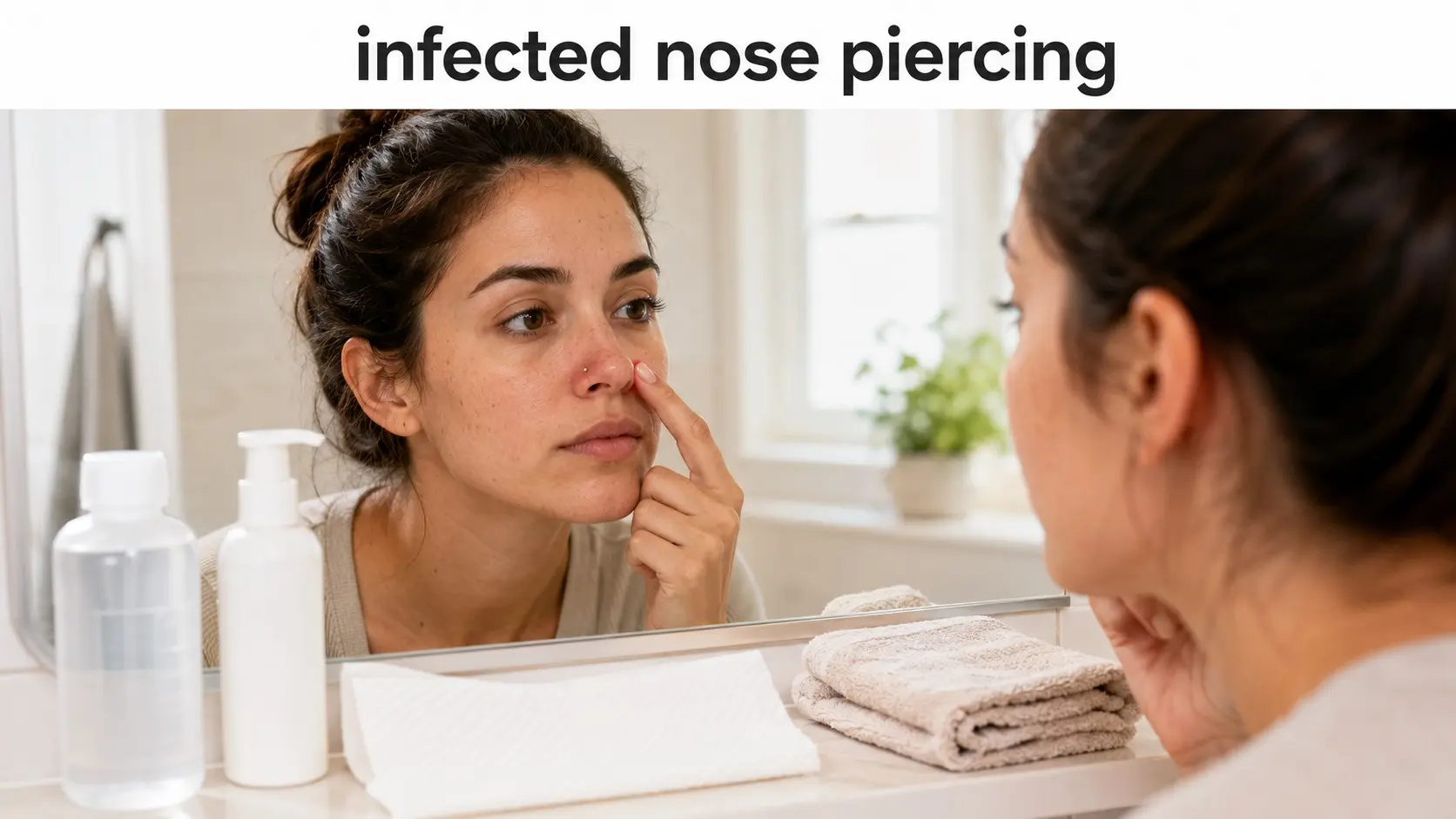infected nose piercing - Adult checking a mildly red nose piercing while using gentle saline aftercare