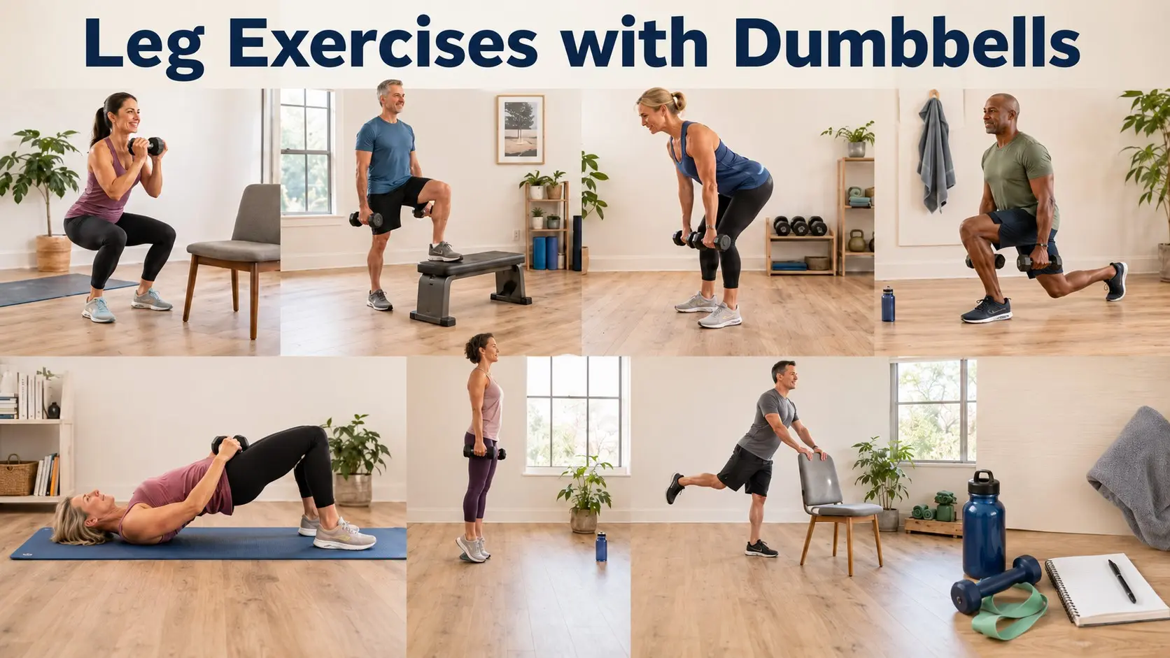 Leg Exercises with Dumbbells guide with adults doing safe goblet squats, step ups, Romanian deadlifts, reverse lunges, glute bridges, and calf raises