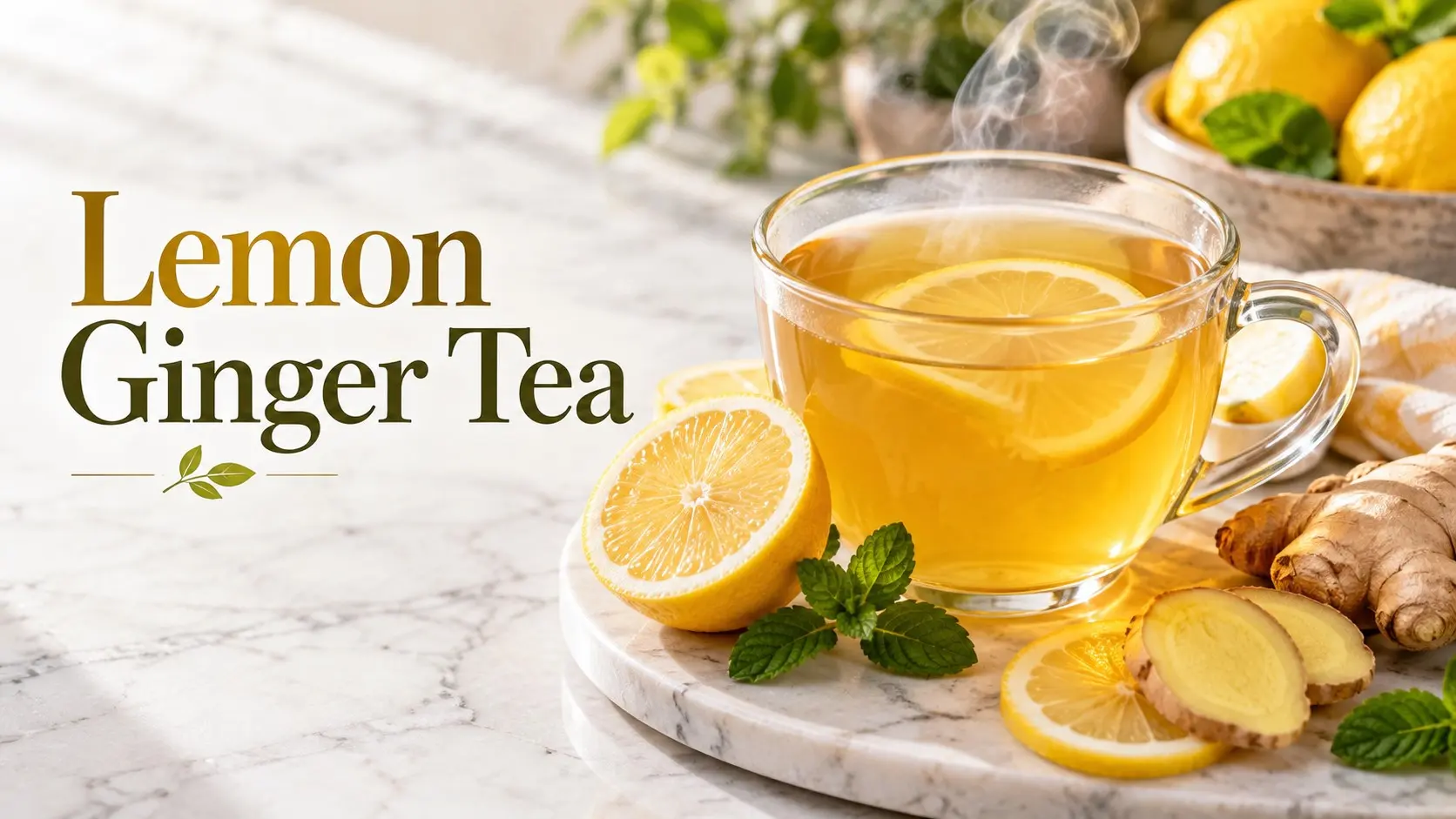 Warm lemon ginger tea with fresh ginger root and lemon slices