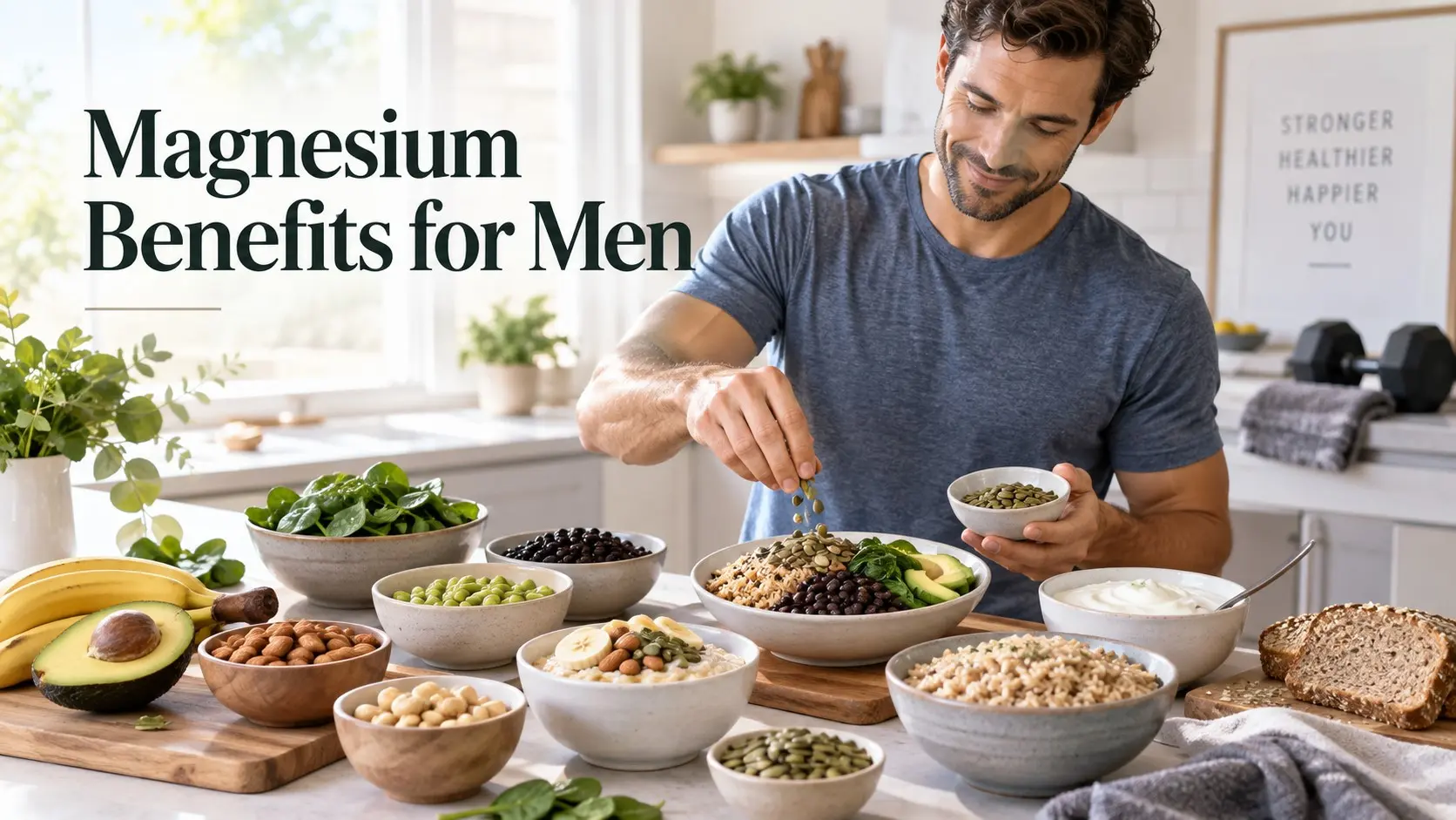 Magnesium Benefits for Men with pumpkin seeds almonds spinach beans whole grains yogurt banana avocado and a balanced fitness meal