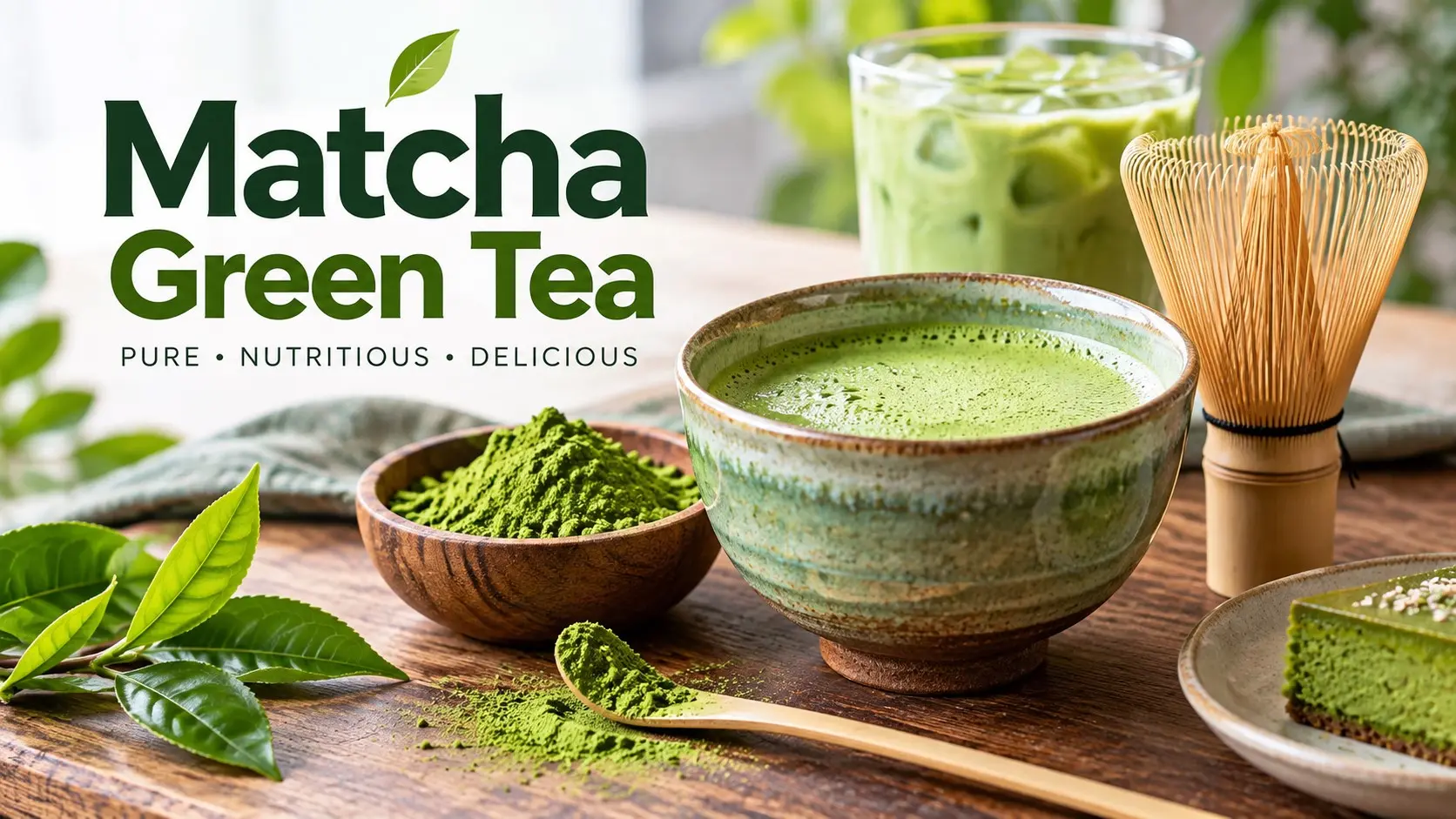 Matcha Green Tea with freshly whisked green matcha bamboo whisk matcha powder healthy breakfast and an unsweetened matcha latte