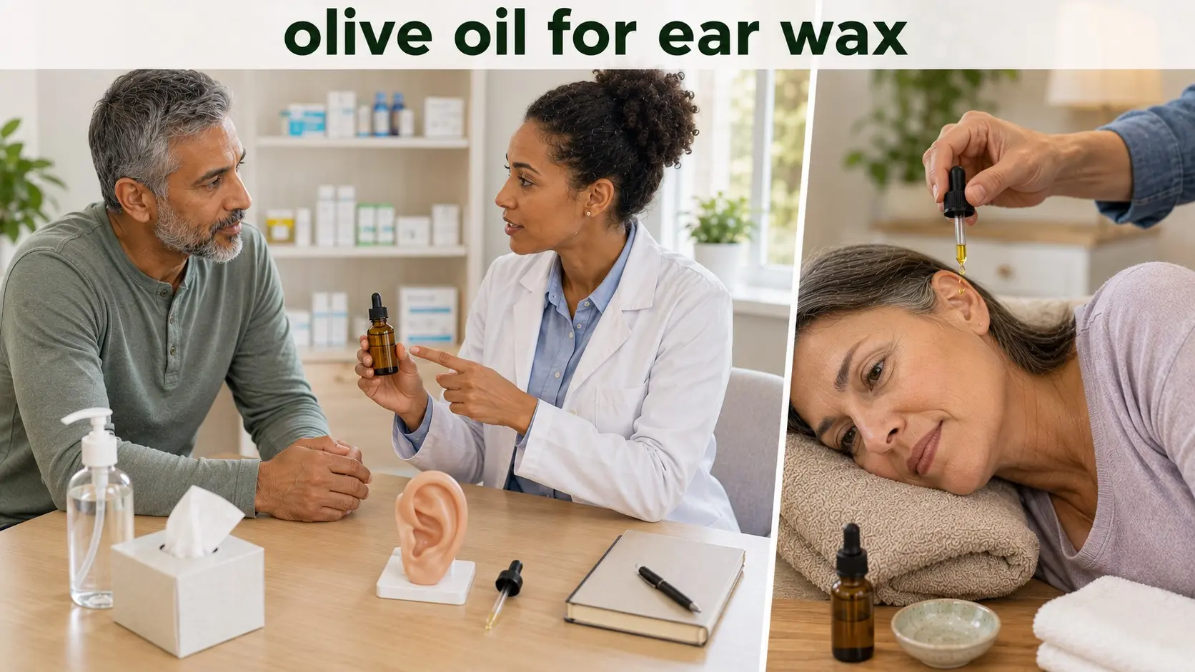 An adult learning how to use olive oil for ear wax safely with clean ear drops, a pharmacist, and an outer ear model