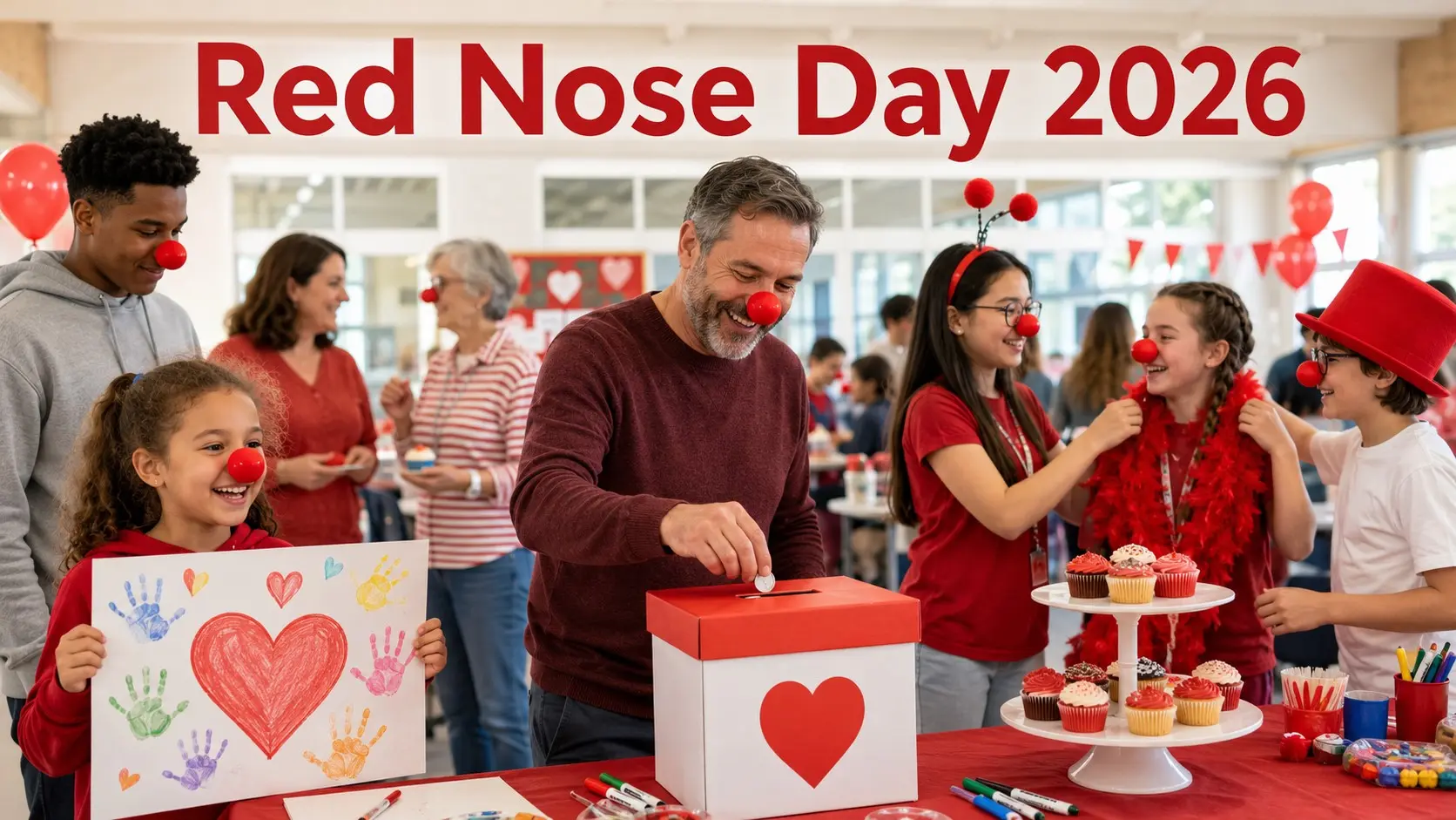 Red Nose Day 2026- Children and adults wearing red noses during a cheerful Red Nose Day community fundraiser