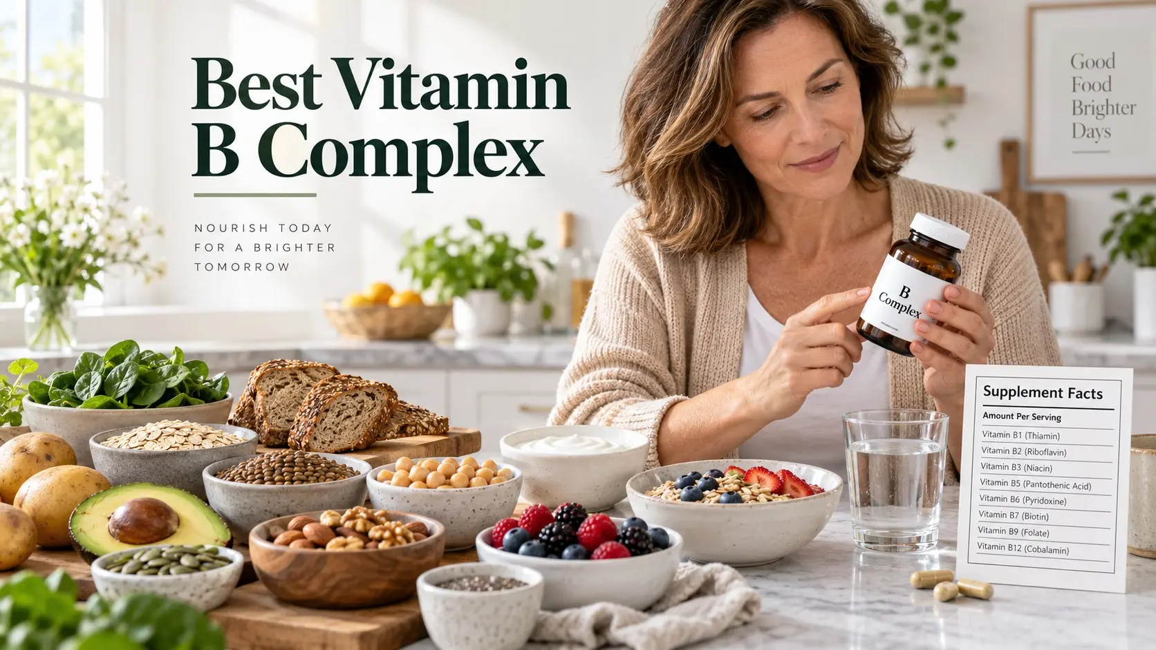 Best Vitamin B Complex with B1 B2 B3 B5 B6 B7 B9 and B12 supplement label beside whole grains lentils eggs spinach nuts and yogurt
