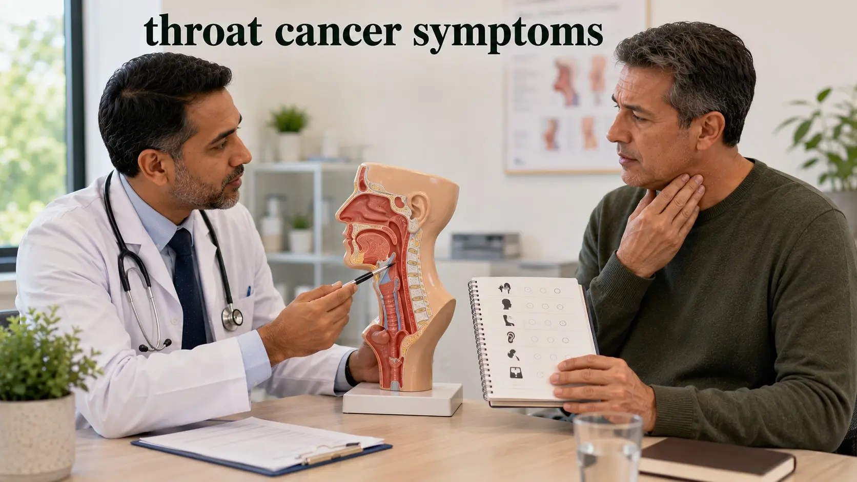 throat cancer symptoms -Adult discusses persistent hoarseness and swallowing problems with an ENT specialist using an anatomical throat model.