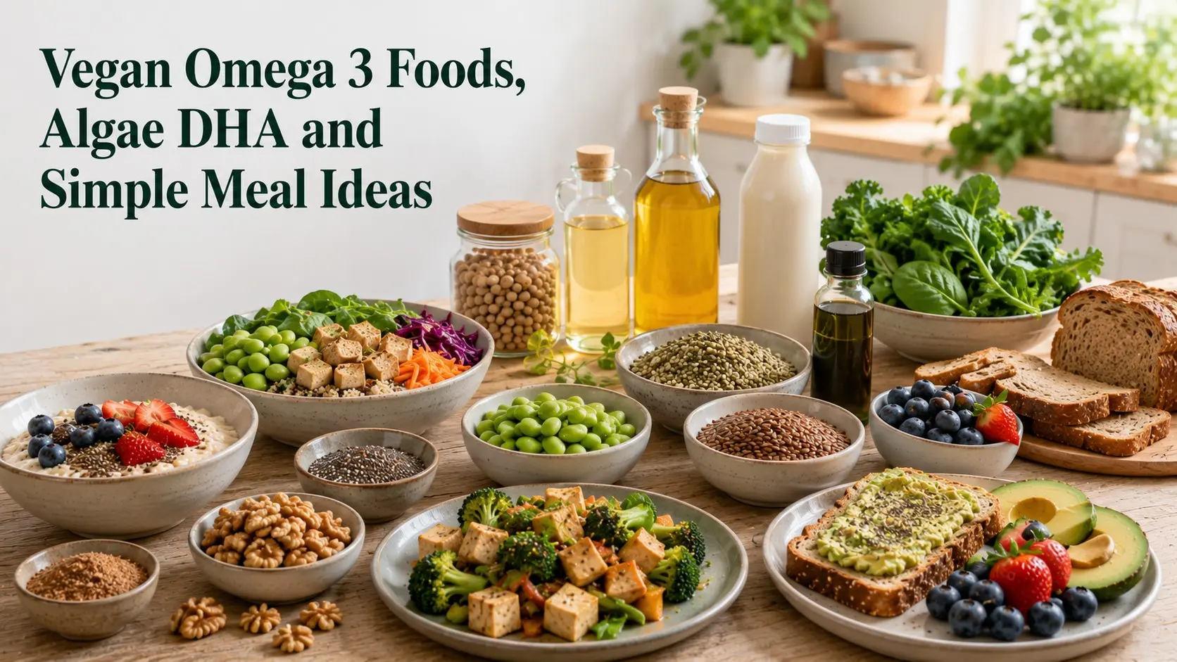 Vegan Omega 3 foods with chia seeds, ground flaxseed, walnuts, hemp seeds, tofu, edamame, canola oil, soy milk, and algae oil.