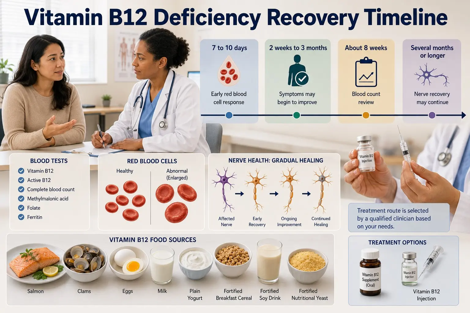 Vitamin B12 deficiency recovery timeline showing blood response, symptom improvement, nerve healing, medical tests, B12 foods, tablets, and clinical injections.