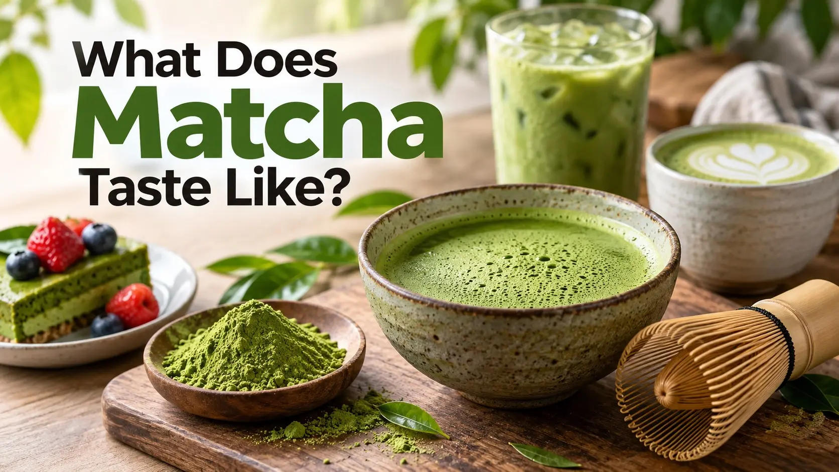 What Does Matcha Taste Like with freshly whisked green matcha, bamboo whisk, tea leaves, nori, green vegetables and a creamy matcha latte