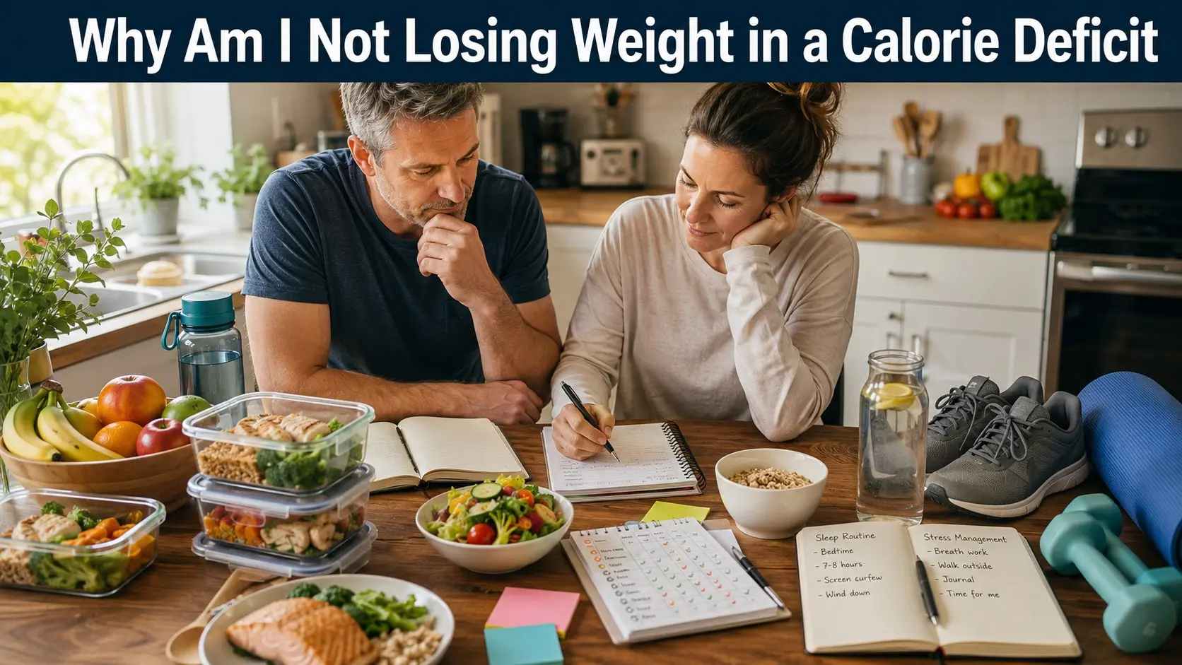 Why am I not losing weight in a calorie deficit guide with adults reviewing meals, portions, sleep, stress, walking, and healthy habits