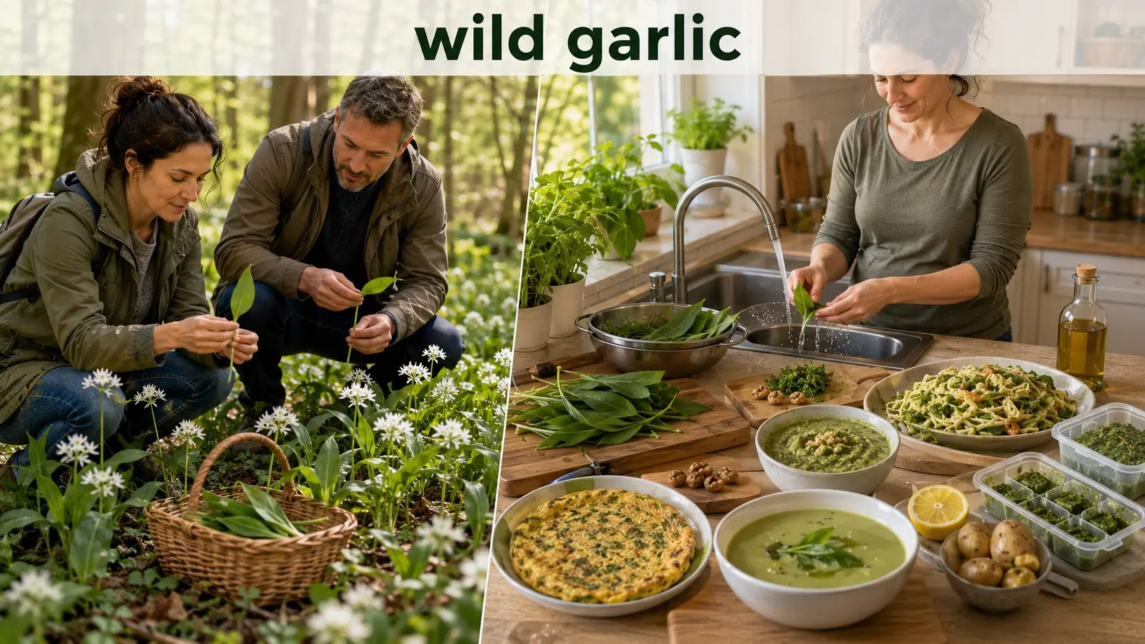 A forager safely identifying wild garlic leaves and white flowers, with washed wild garlic, pesto, soup, and frittata prepared in a clean kitchen.