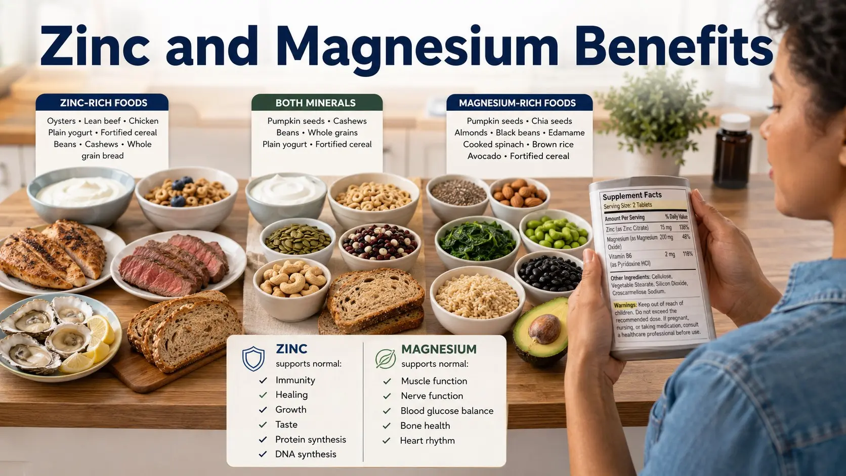 Zinc and magnesium benefits guide showing oysters, meat, yogurt, beans, seeds, nuts, whole grains, spinach, avocado, and a carefully checked supplement label.