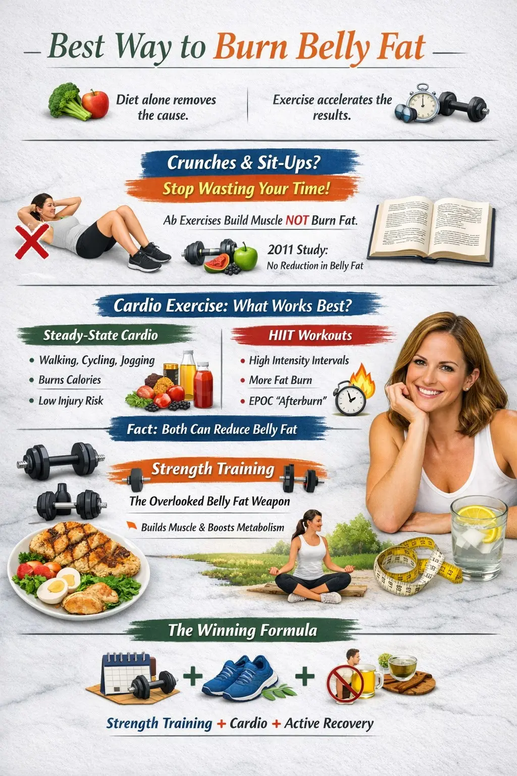 Infographic showing best exercises to burn belly fat: cardio, strength training, walking, and recovery.