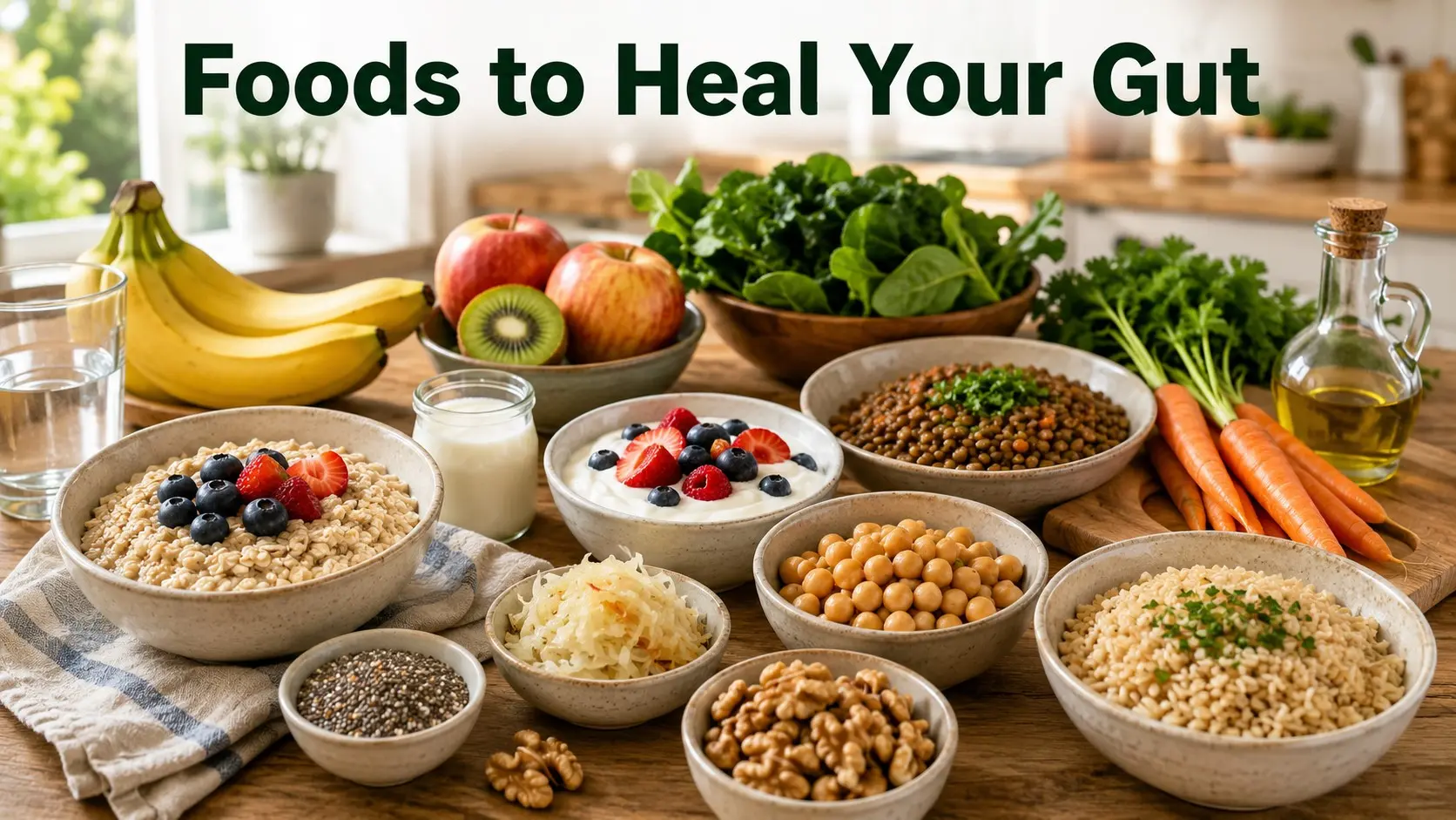 Foods to Heal Your Gut with oats, yogurt, kefir, lentils, fruit, vegetables, seeds, fermented foods, olive oil, and water.
