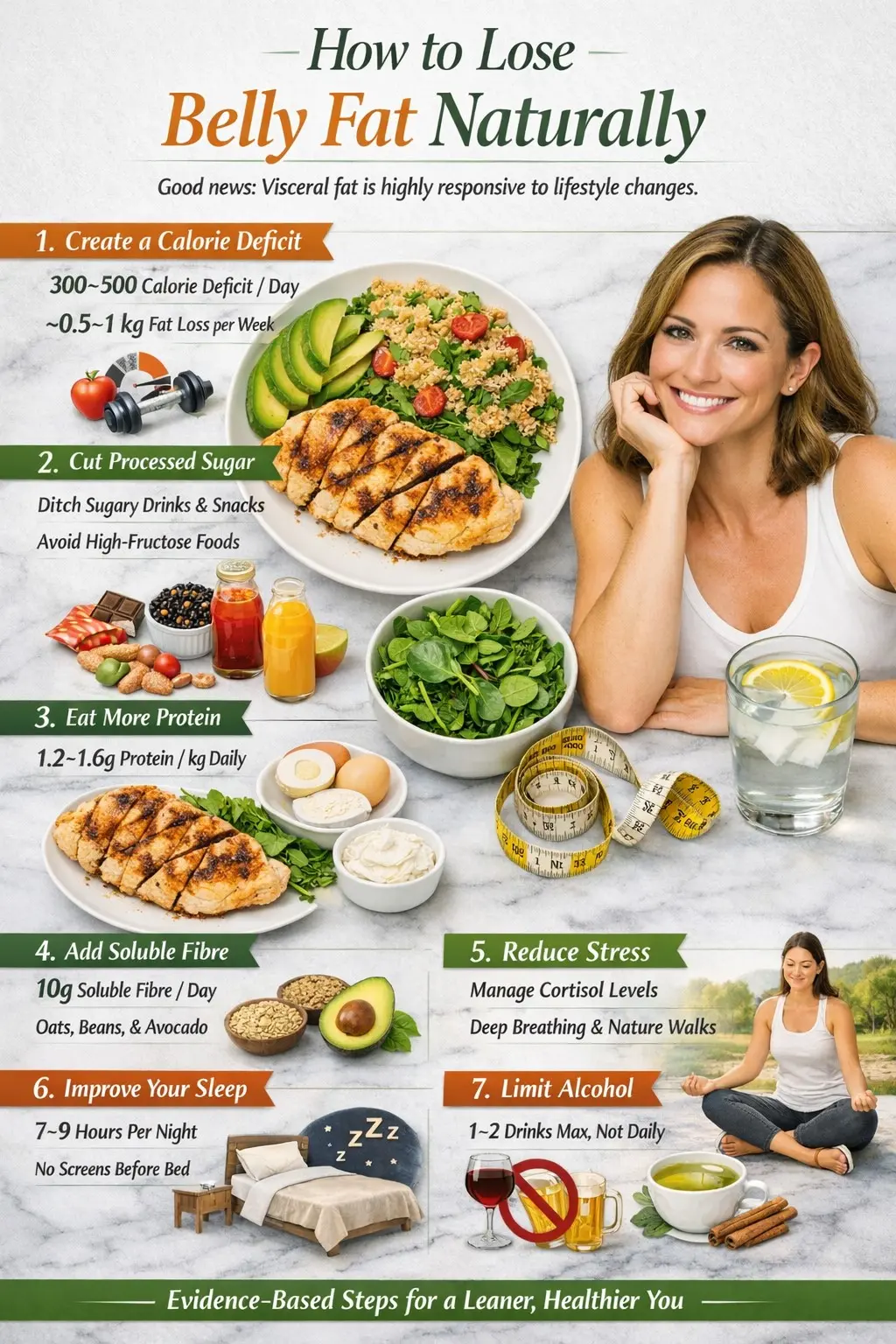 Infographic showing 8 natural ways to lose belly fat with healthy foods, sleep, and stress tips.