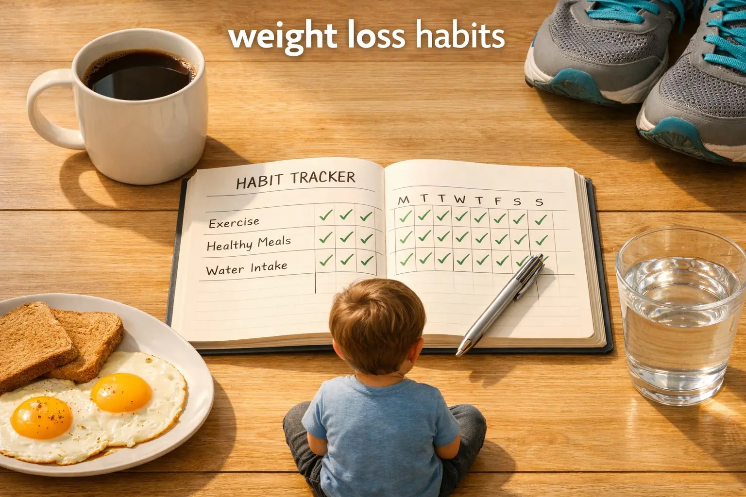 Habit tracker notebook with checkmarks morning coffee eggs and trainers representing daily weight loss habits