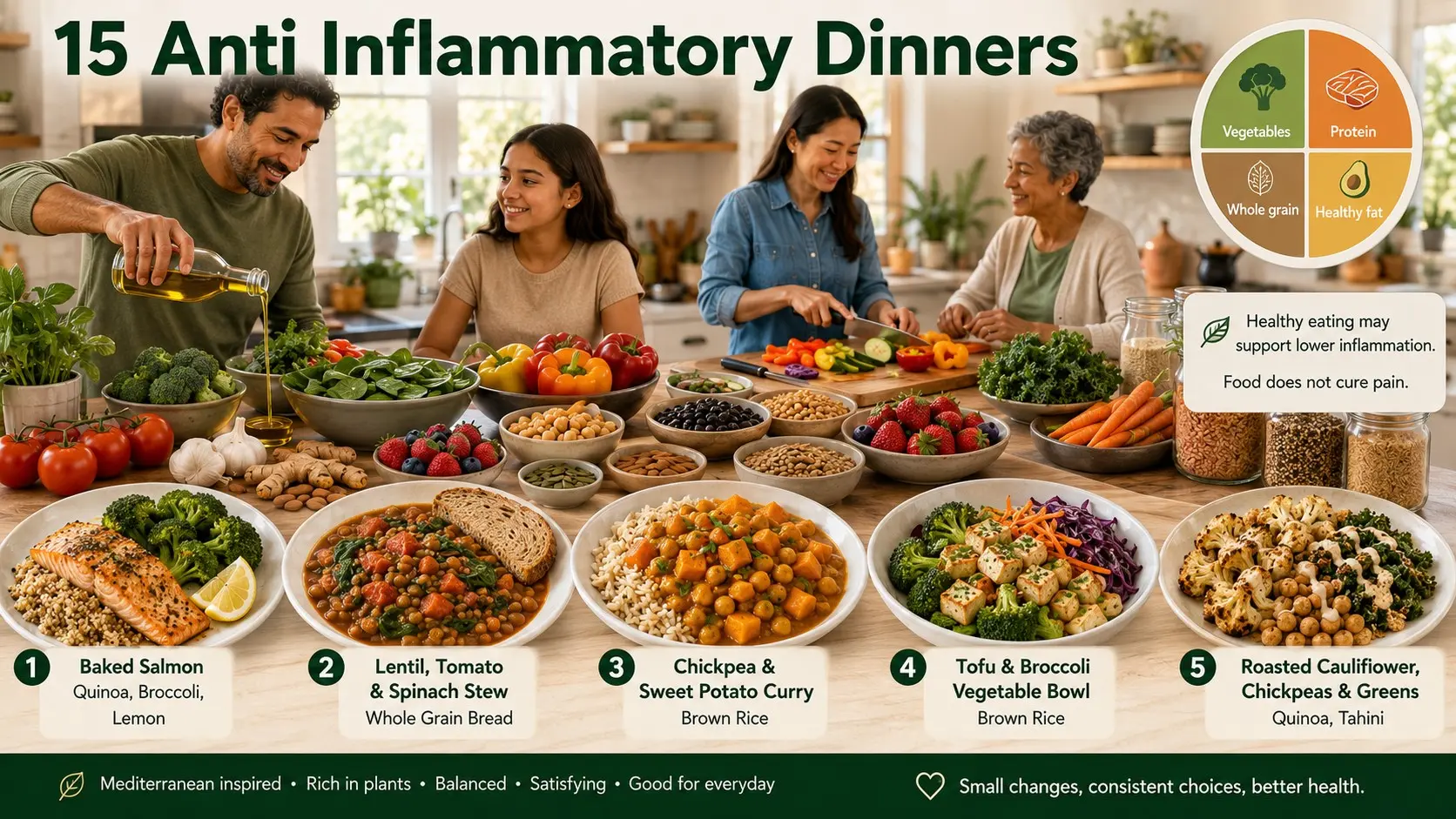 Anti inflammatory dinners including salmon with quinoa, lentil stew, chickpea curry, tofu vegetables, and a cauliflower chickpea bowl.