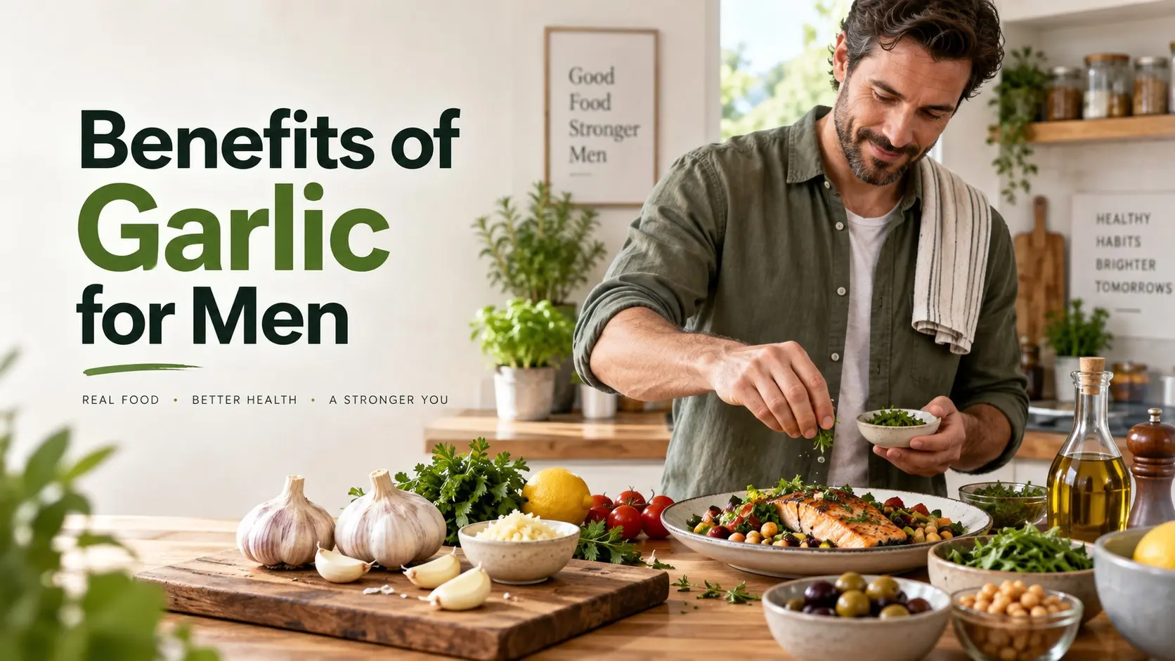 Benefits of Garlic for Men with fresh garlic and a healthy Mediterranean style meal