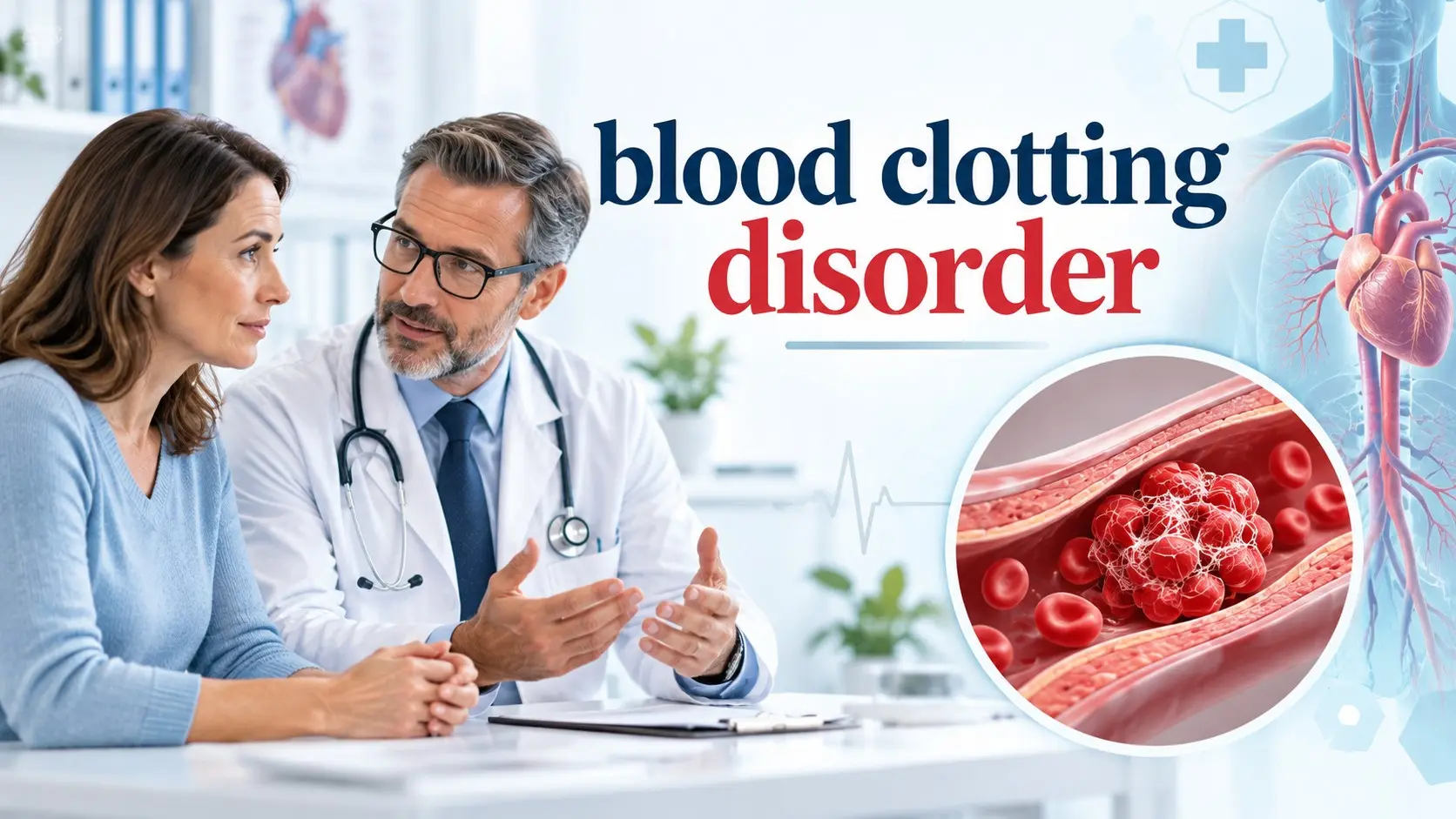 Blood clotting disorder showing deep vein thrombosis, pulmonary embolism risk, thrombophilia testing, and blood clot warning signs