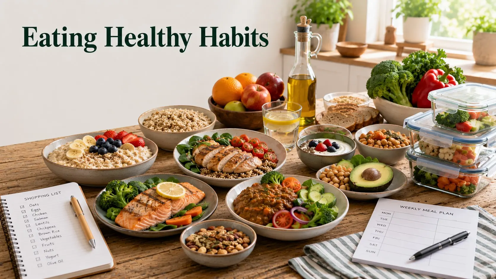 Eating Healthy Habits with vegetables, fruit, beans, eggs, fish, yogurt, oats, whole grains, nuts, water, and a simple meal planner.