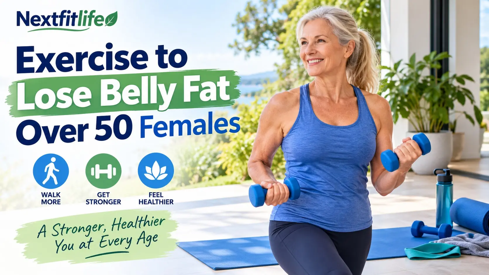 Exercise to Lose Belly Fat Over 50 Females with walking, strength training, squats, dumbbells, and healthy aging
