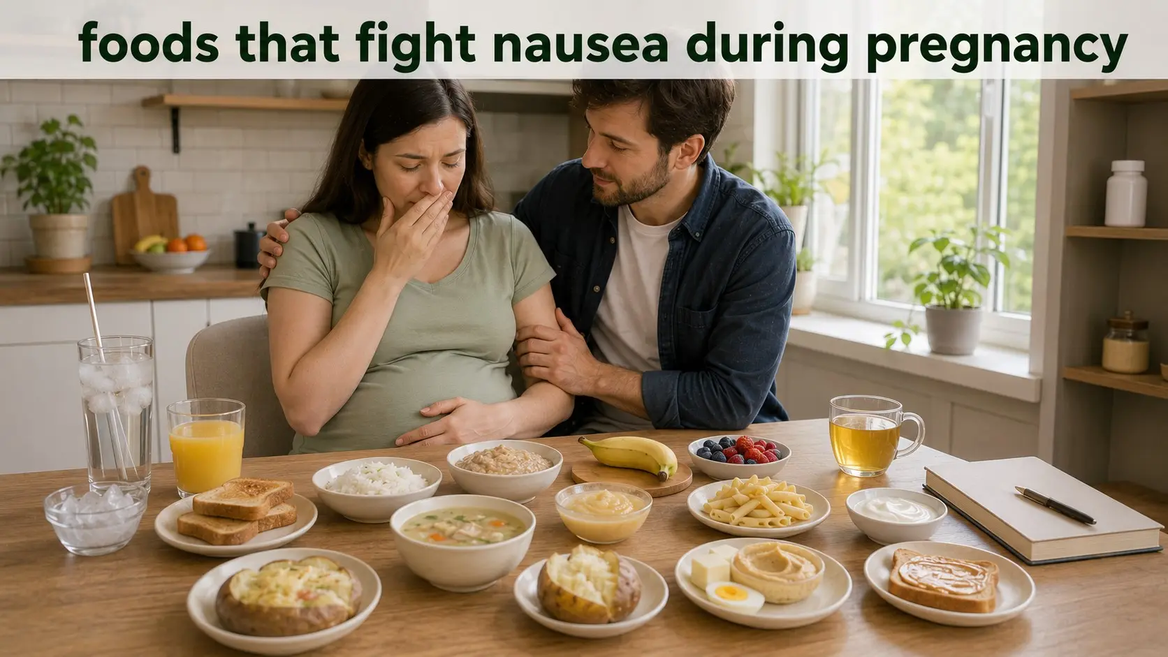 foods that fight nausea during pregnancy -A pregnant adult with small portions of toast, crackers, rice, oatmeal, banana, yogurt, soup, ginger tea, water, and other gentle foods for nausea.