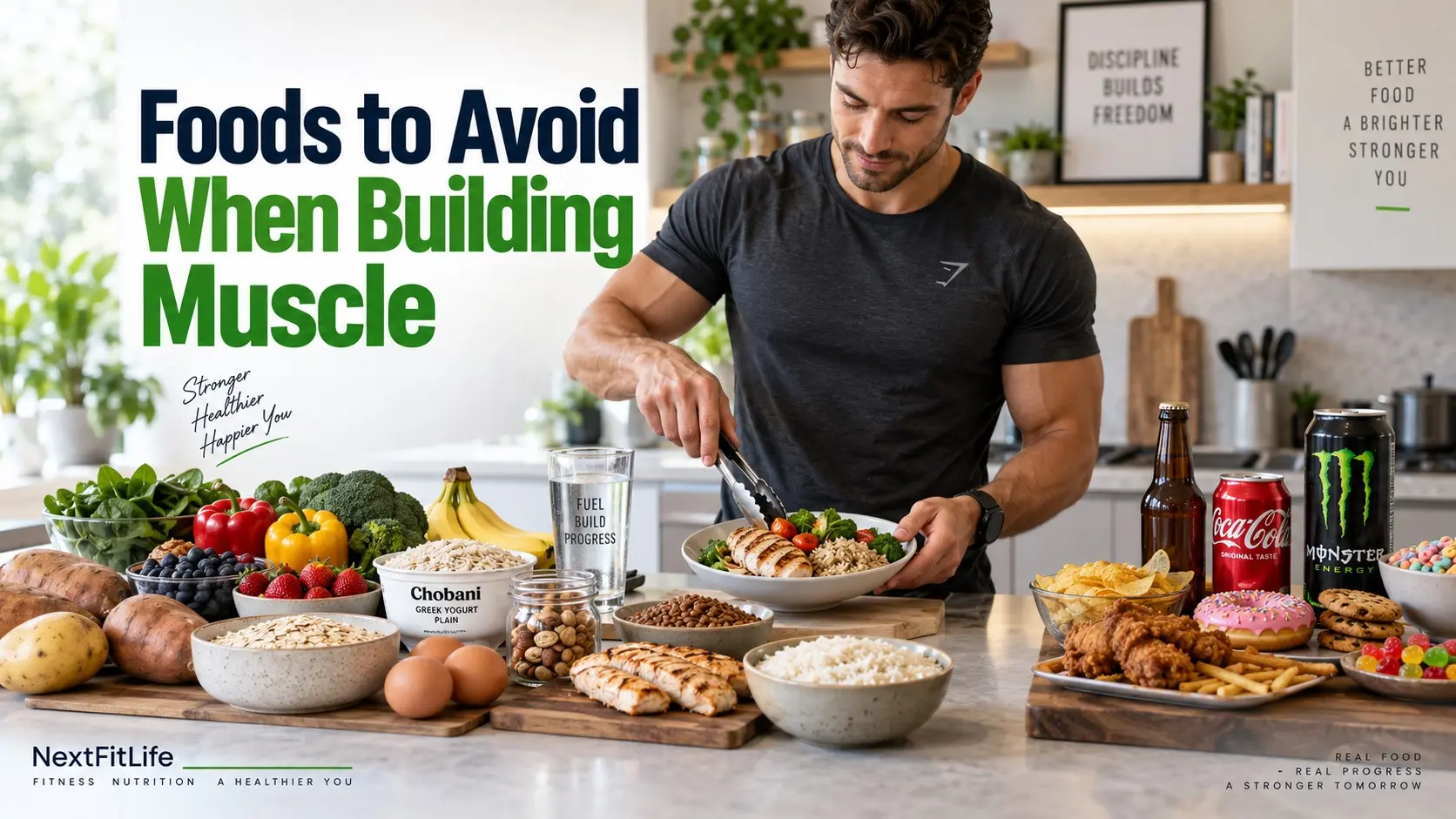 Foods to Avoid When Building Muscle beside balanced protein carbohydrate and whole food choices