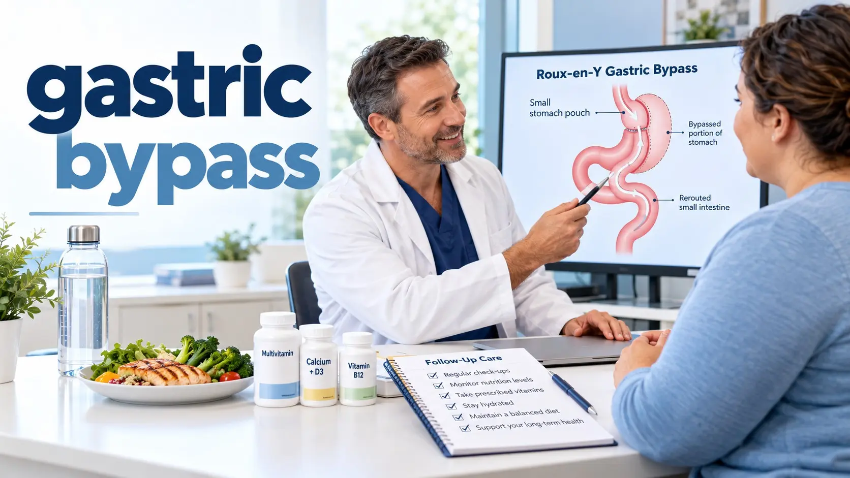 Gastric bypass consultation showing Roux en Y surgery, nutrition, vitamins, weight management, and follow up