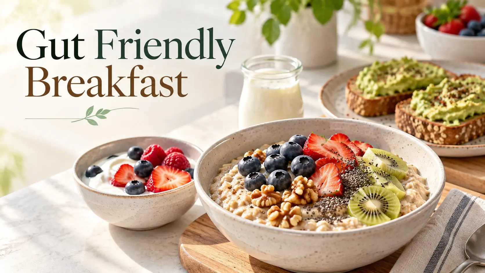 Gut Friendly Breakfast with oats yogurt berries kiwi chia seeds and whole grain toast