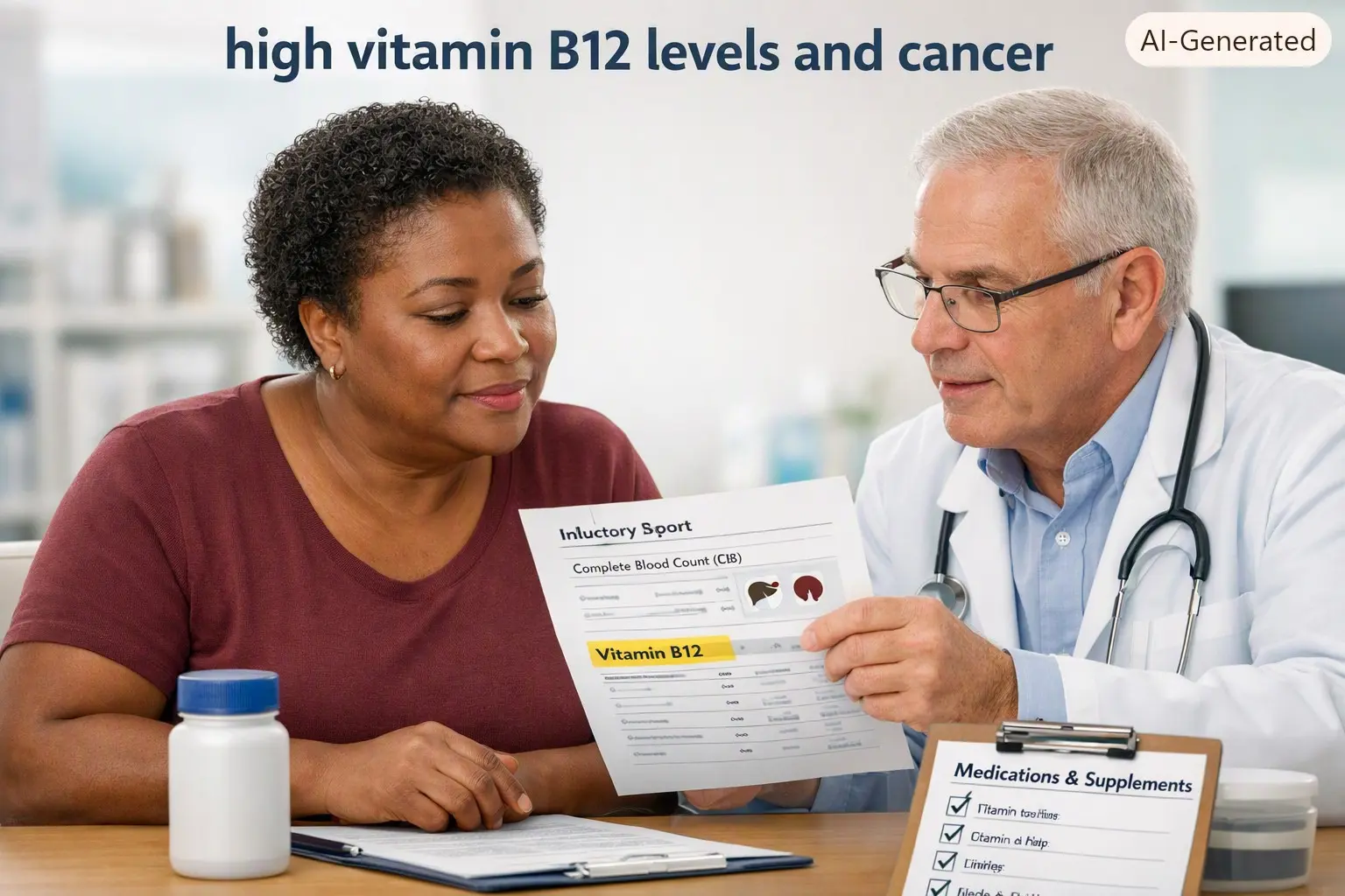 high vitamin B12 levels and cancer -Adult reviewing a high vitamin B12 blood-test result, supplements, blood counts, and liver and kidney tests with a healthcare professional
