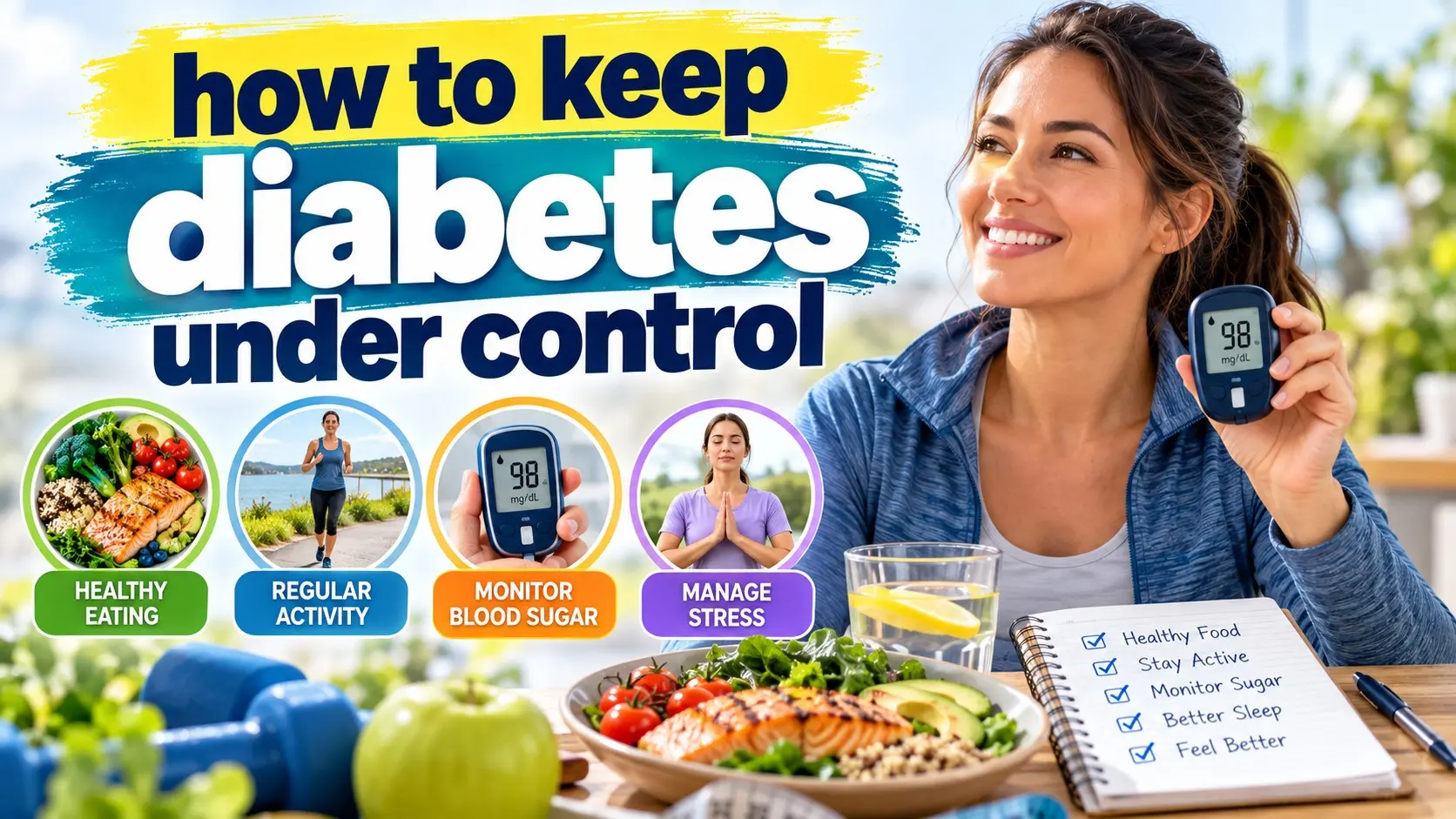 How to keep diabetes under control with blood sugar monitoring, balanced meals, exercise, medication and regular health checks